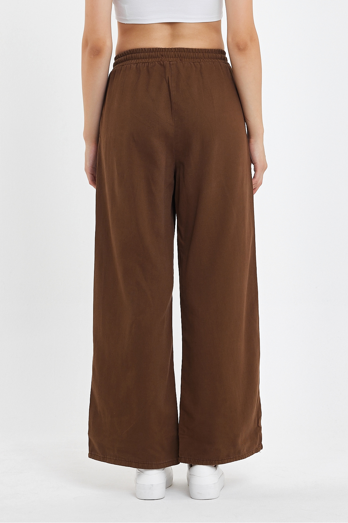 Kadın Palazzo Yazlık Beli Lastikli Pamuklu Bol Paça Baggy Pantolon Kahverengi 5