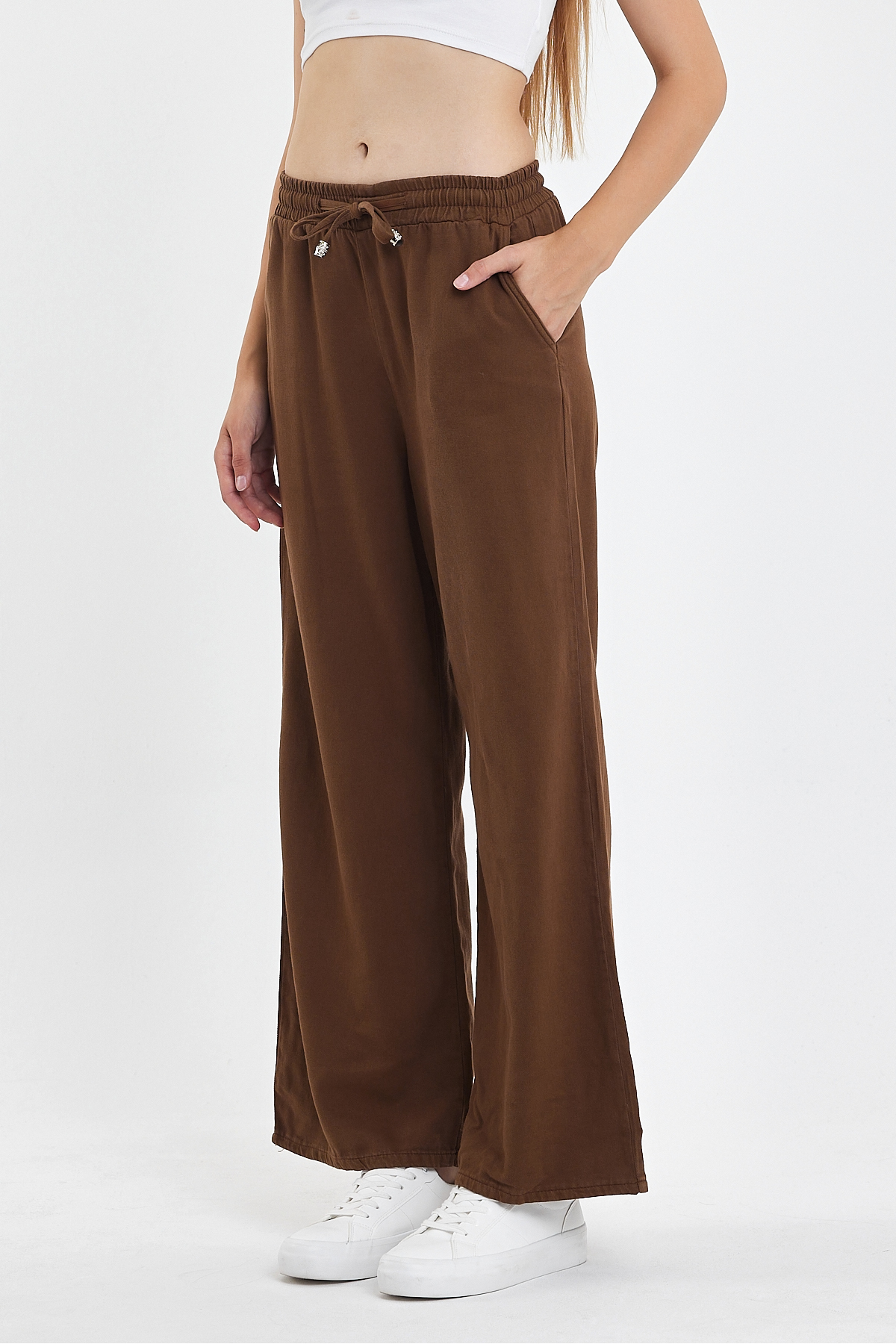 Kadın Palazzo Yazlık Beli Lastikli Pamuklu Bol Paça Baggy Pantolon Kahverengi 3