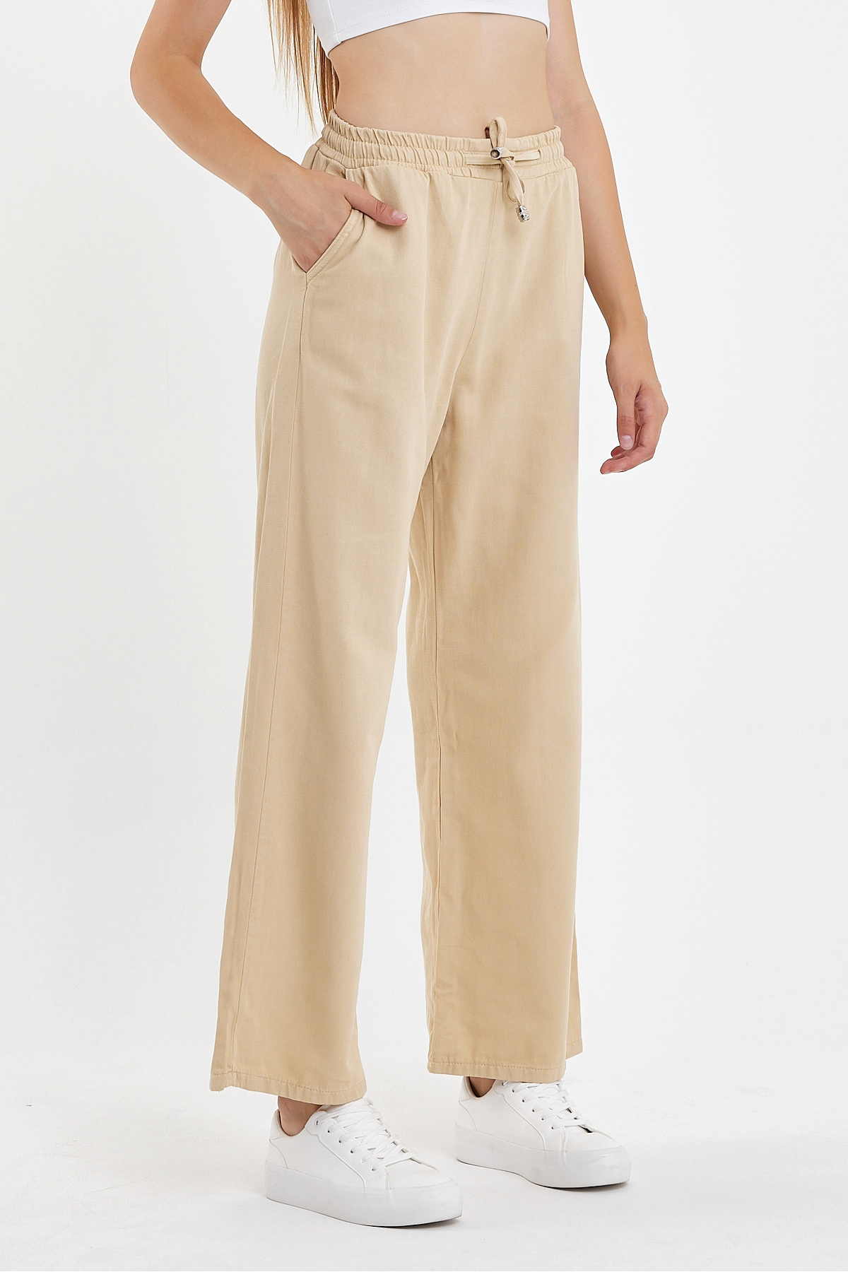 Kadın Palazzo Yazlık Beli Lastikli Pamuklu Bol Paça Krem Baggy Pantolon 3