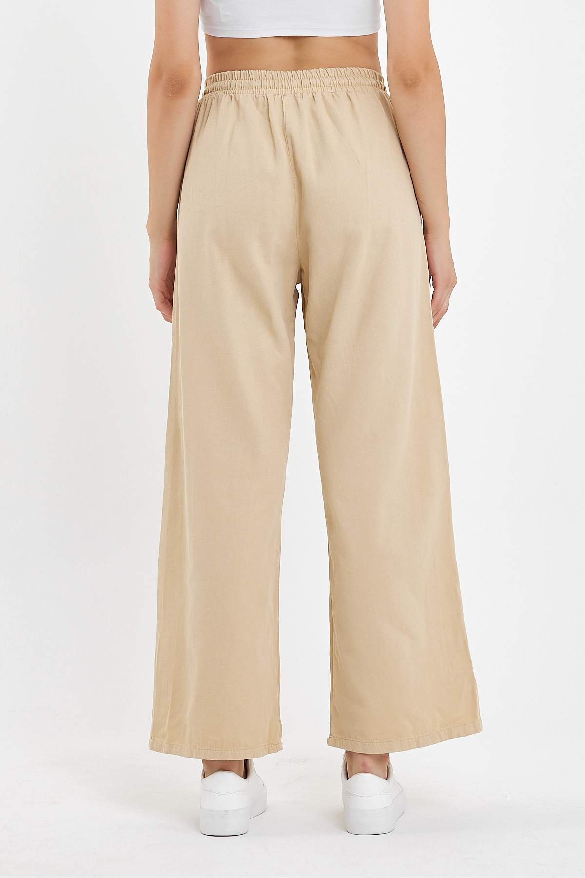 Kadın Palazzo Yazlık Beli Lastikli Pamuklu Bol Paça Krem Baggy Pantolon 5