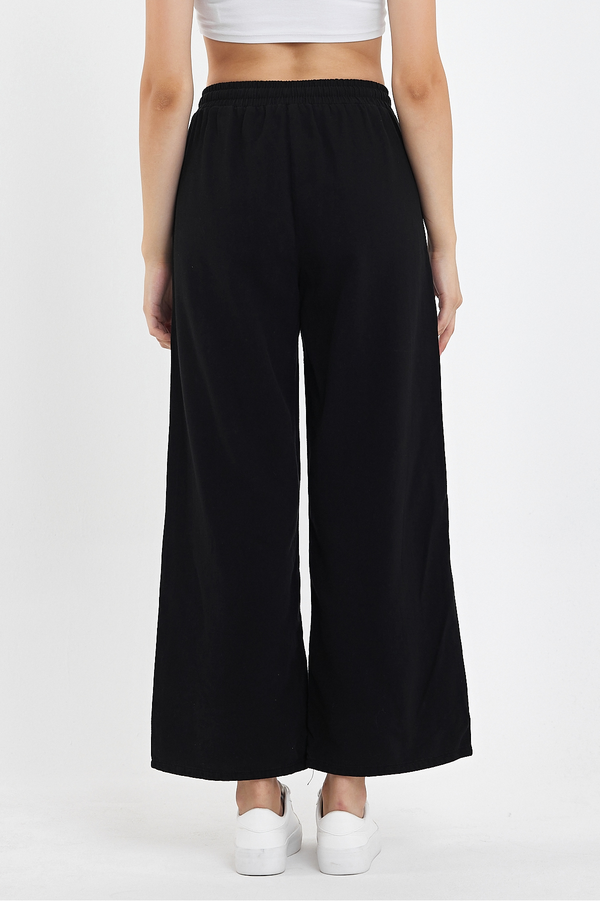 Kadın Palazzo Yazlık Beli Lastikli Pamuklu Bol Paça Siyah Baggy Pantolon 5