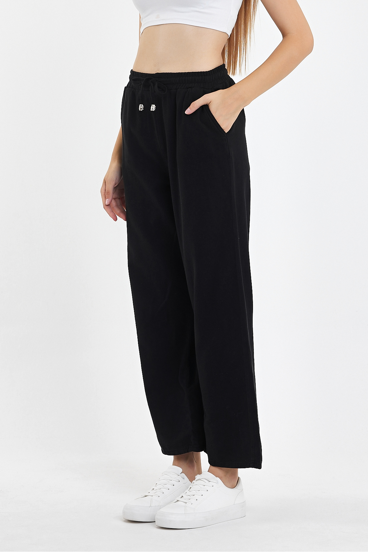 Kadın Palazzo Yazlık Beli Lastikli Pamuklu Bol Paça Siyah Baggy Pantolon 3