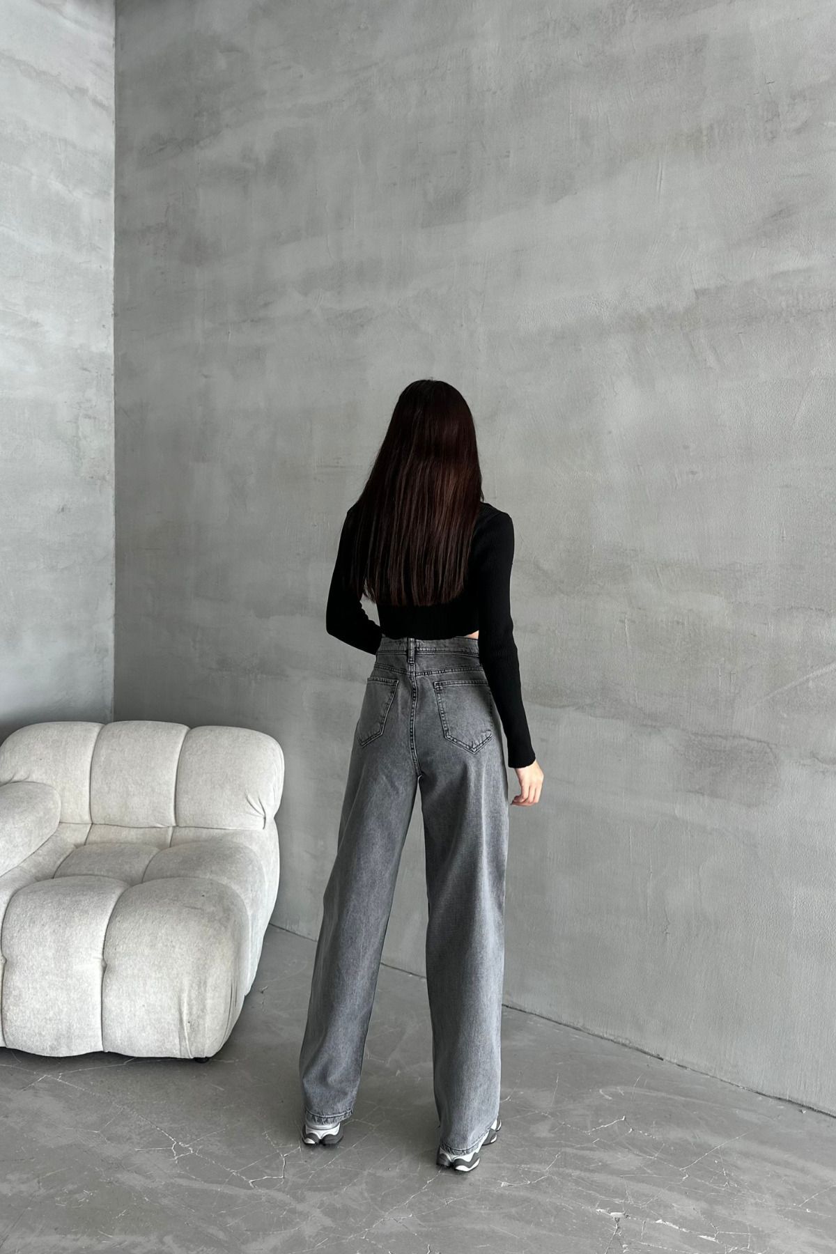 Kadın Yüksek Bel PalazzoChic Bol Paça Baggy Füme Kot Pantolon 5
