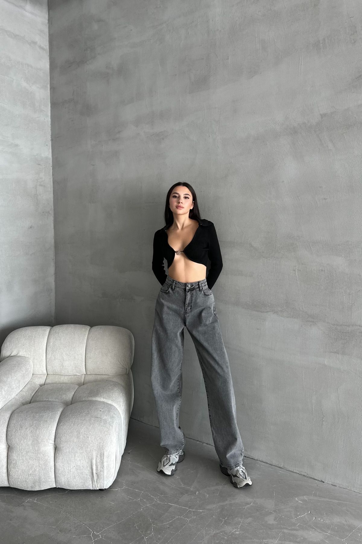 Kadın Yüksek Bel PalazzoChic Bol Paça Baggy Füme Kot Pantolon 4