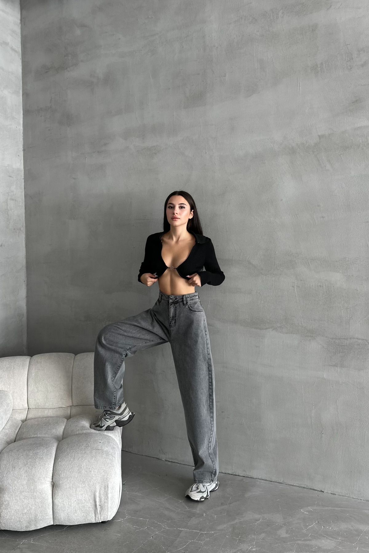 Kadın Yüksek Bel PalazzoChic Bol Paça Baggy Füme Kot Pantolon 3