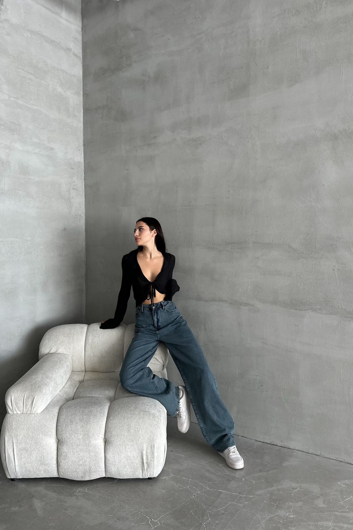 Kadın Yüksek Bel PalazzoChic Bol Paça Baggy Mavi Kot Pantolon 4
