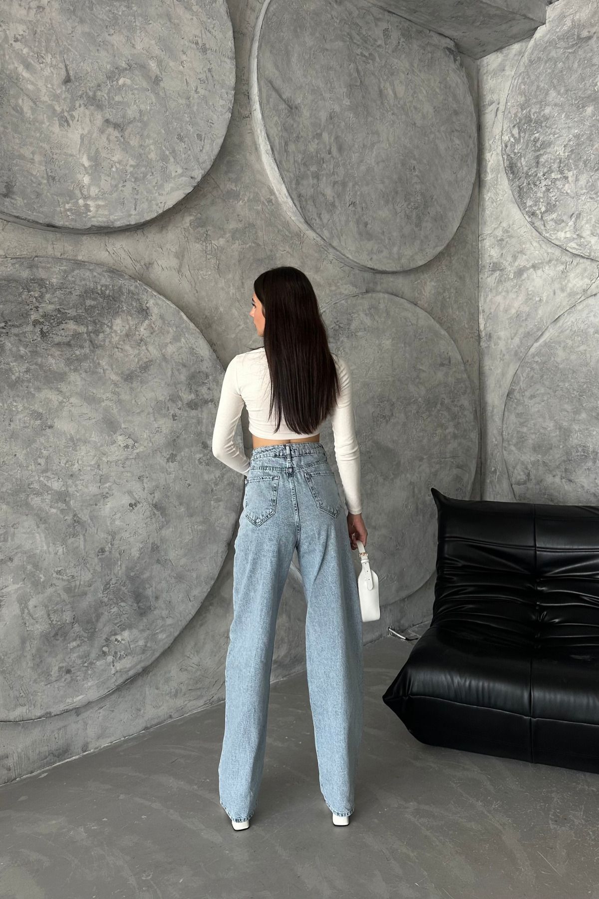 Kadın Yüksek Bel PalazzoChic Bol Paça Baggy Buz Mavi Kot Pantolon 5