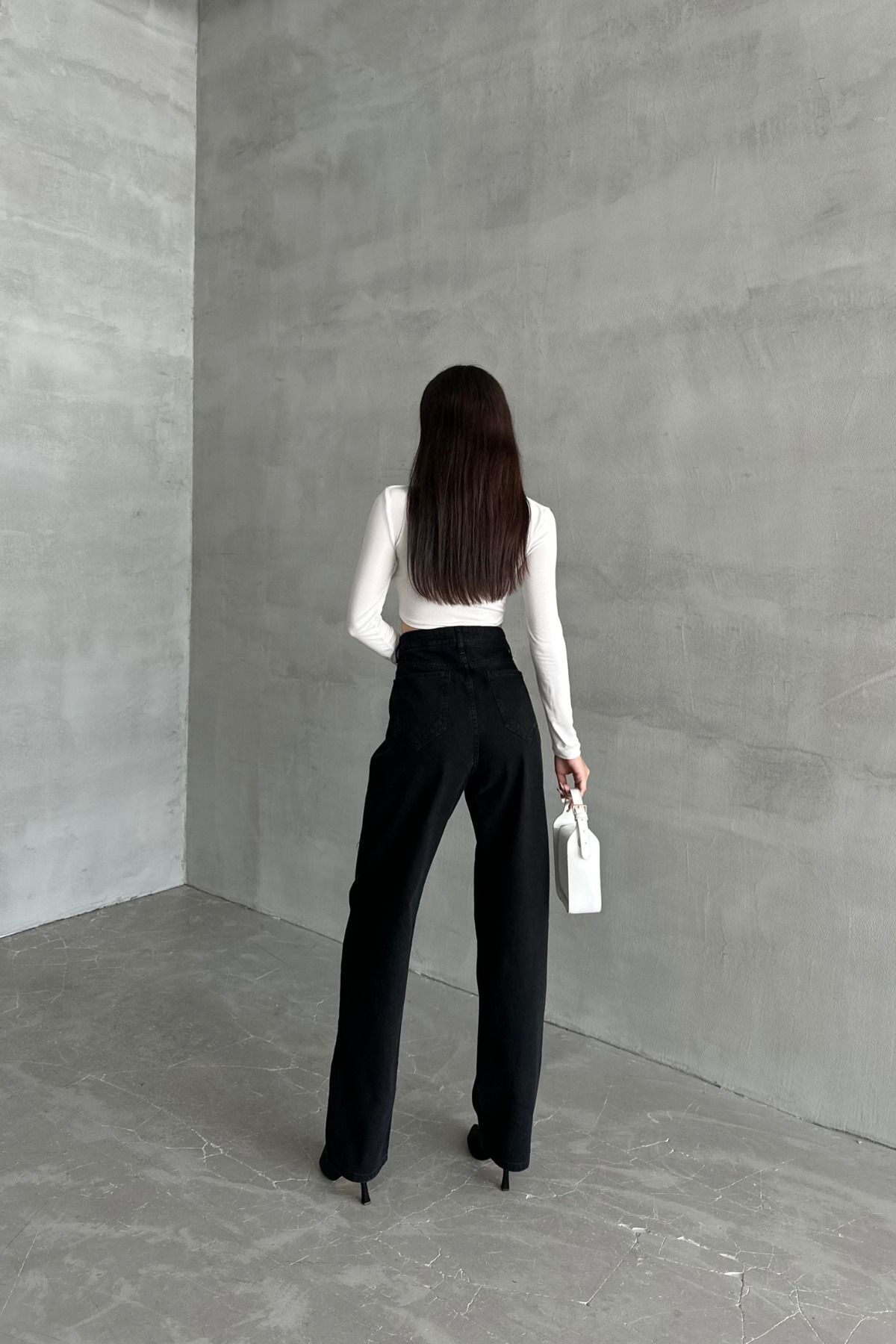 Kadın Yüksek Bel PalazzoChic Bol Paça Baggy Siyah Kot Pantolon 5