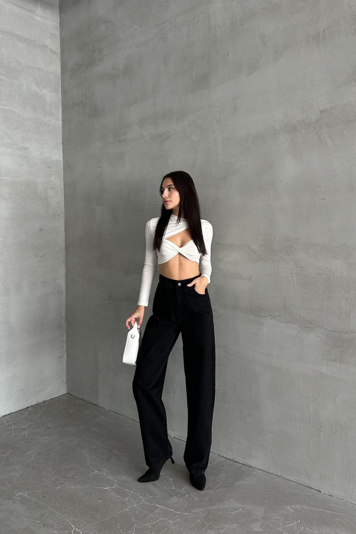 Kadın Yüksek Bel PalazzoChic Bol Paça Baggy Siyah Kot Pantolon 4