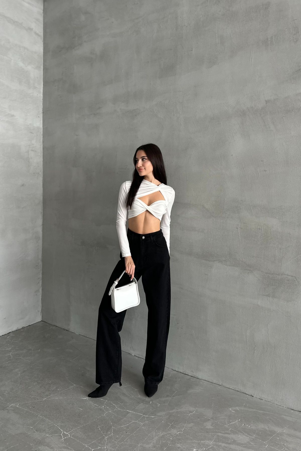 Kadın Yüksek Bel PalazzoChic Bol Paça Baggy Siyah Kot Pantolon 3