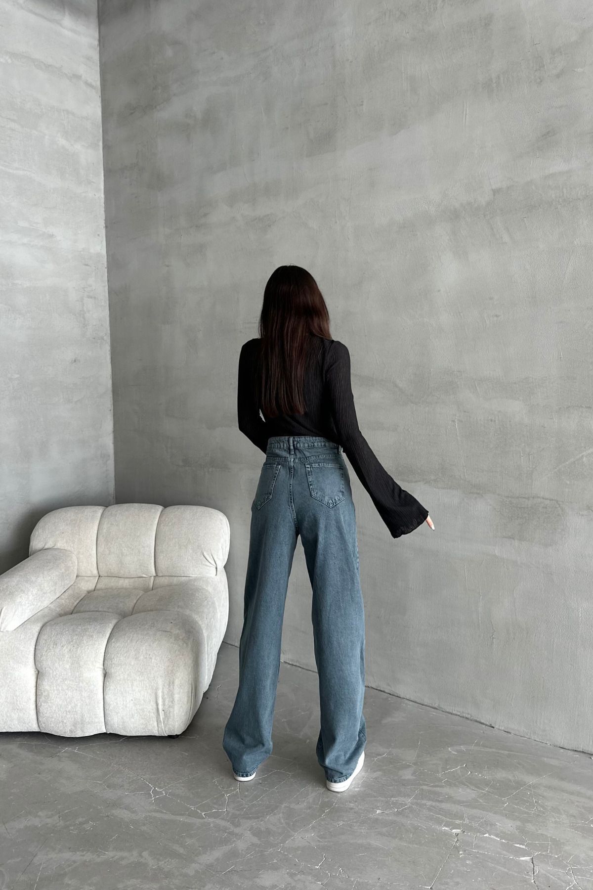 Kadın Yüksek Bel PalazzoChic Bol Paça Baggy Mavi Kot Pantolon 5