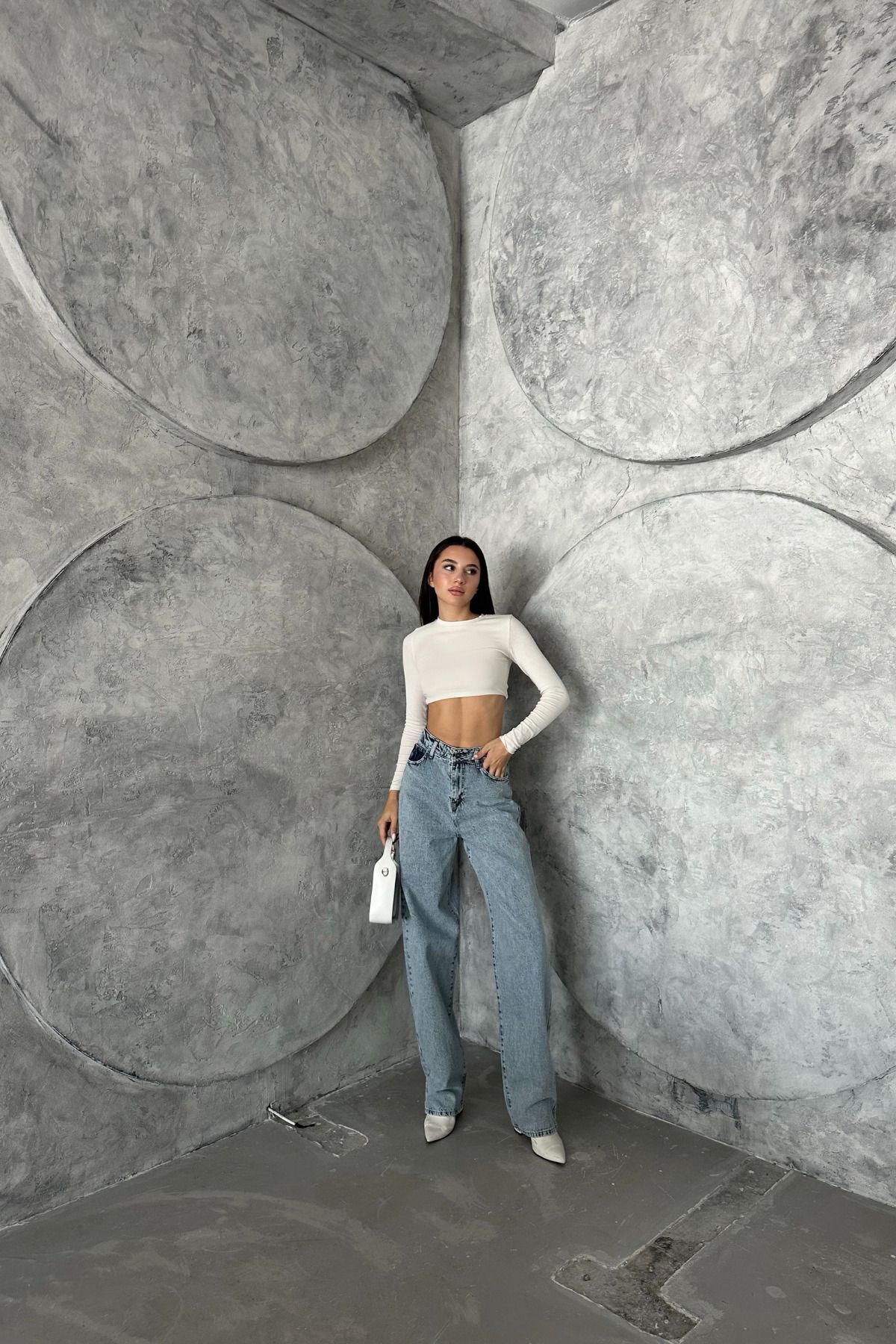 Kadın Yüksek Bel PalazzoChic Bol Paça Baggy Buz Mavi Kot Pantolon 4