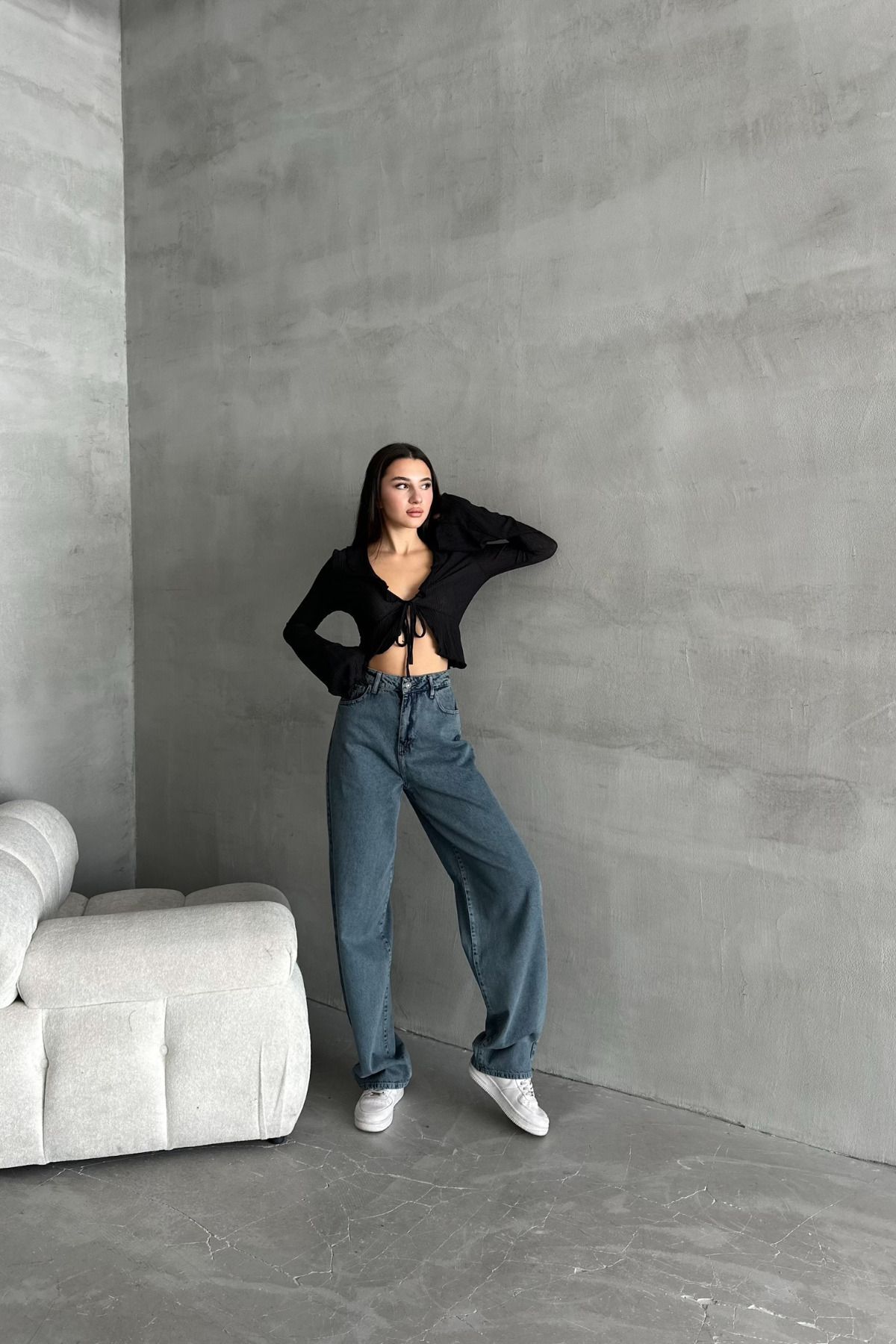 Kadın Yüksek Bel PalazzoChic Bol Paça Baggy Mavi Kot Pantolon 3
