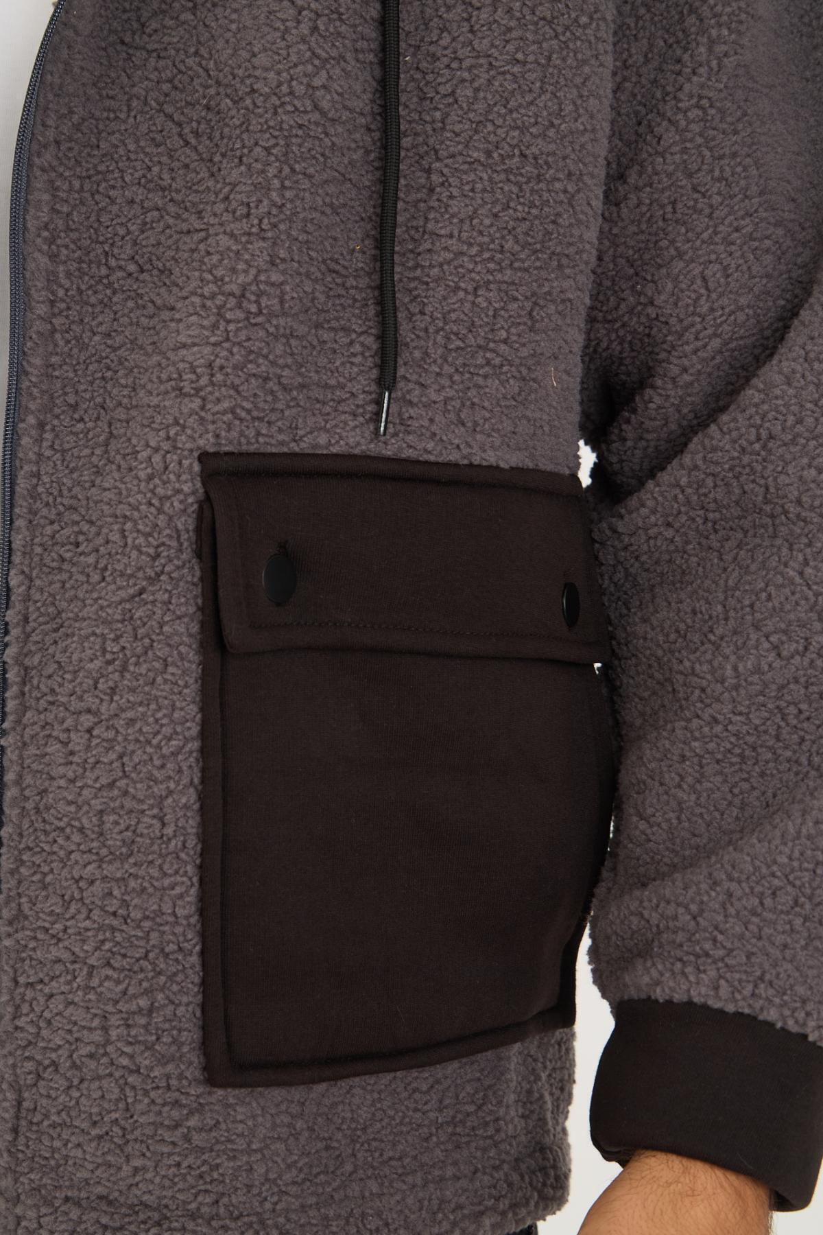 Erkek Fermuarlı Oversize Cepli Kapşonlu Füme Peluş Ceket 4