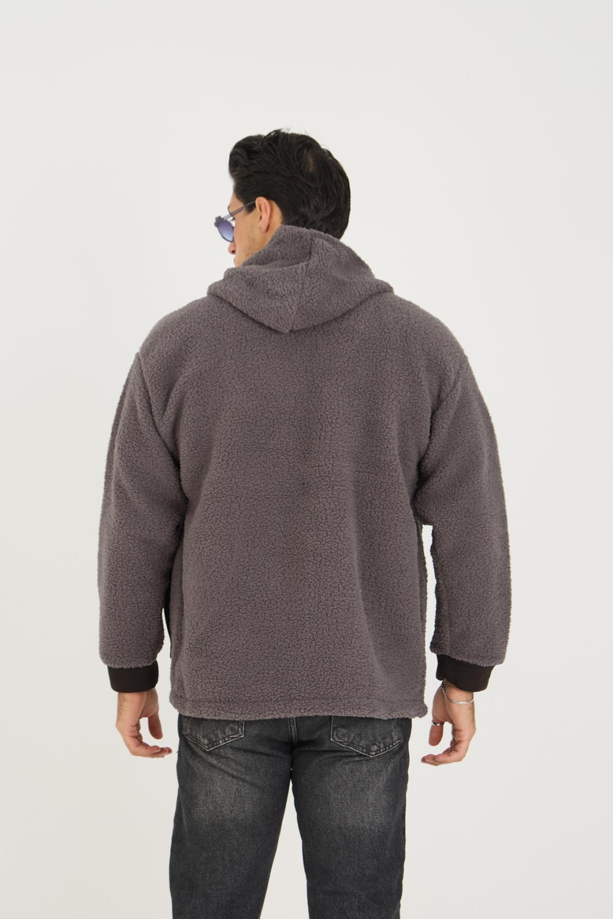 Erkek Fermuarlı Oversize Cepli Kapşonlu Füme Peluş Ceket 5
