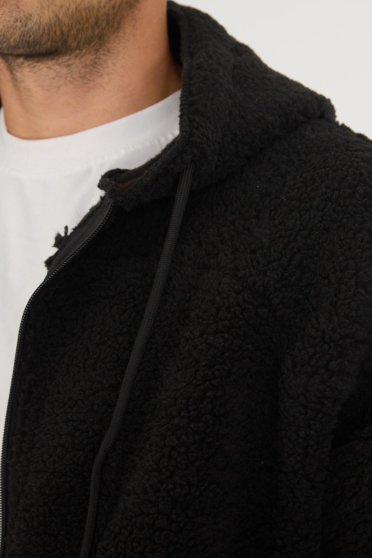 Erkek Fermuarlı Oversize Cepli Kapşonlu Siyah Peluş Ceket 4