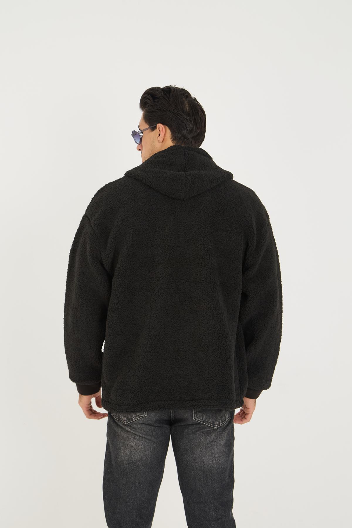Erkek Fermuarlı Oversize Cepli Kapşonlu Siyah Peluş Ceket 5