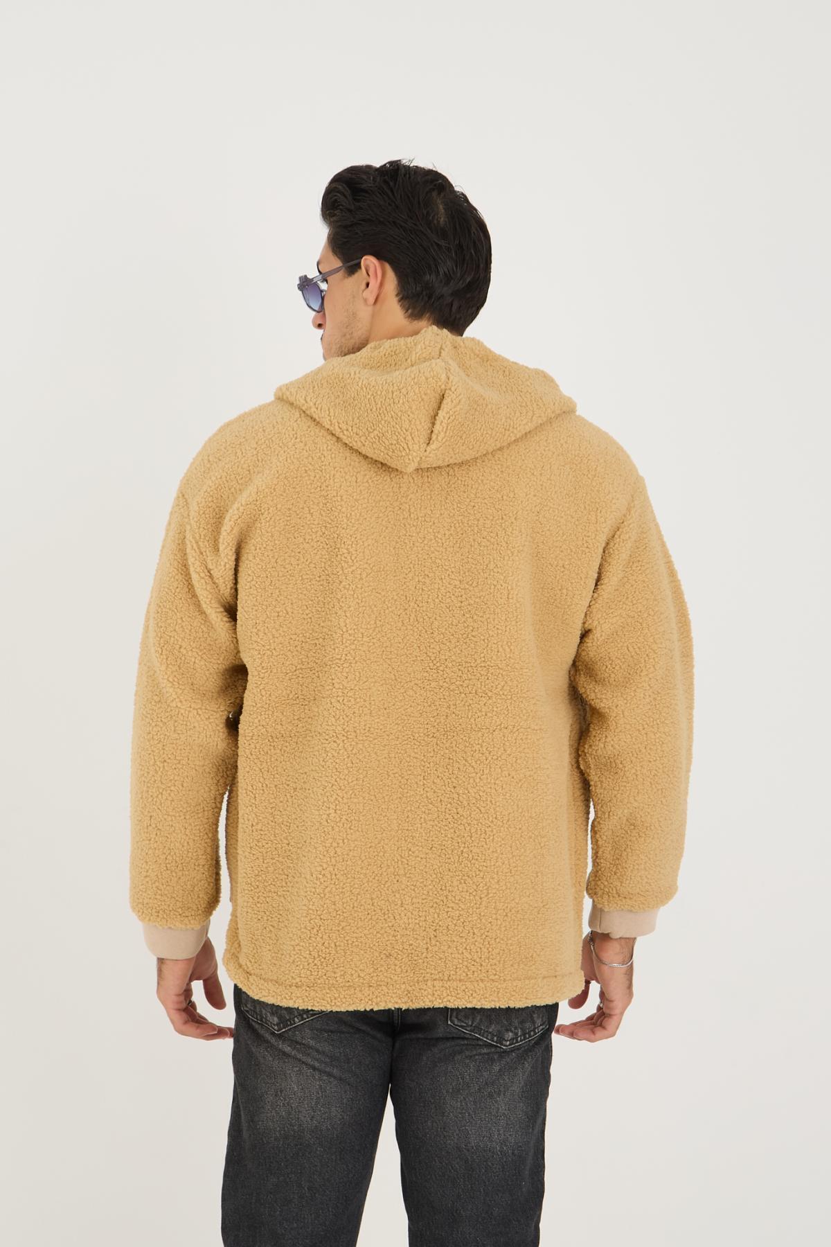 Erkek Fermuarlı Oversize Cepli Kapşonlu Sarı Peluş Ceket 5