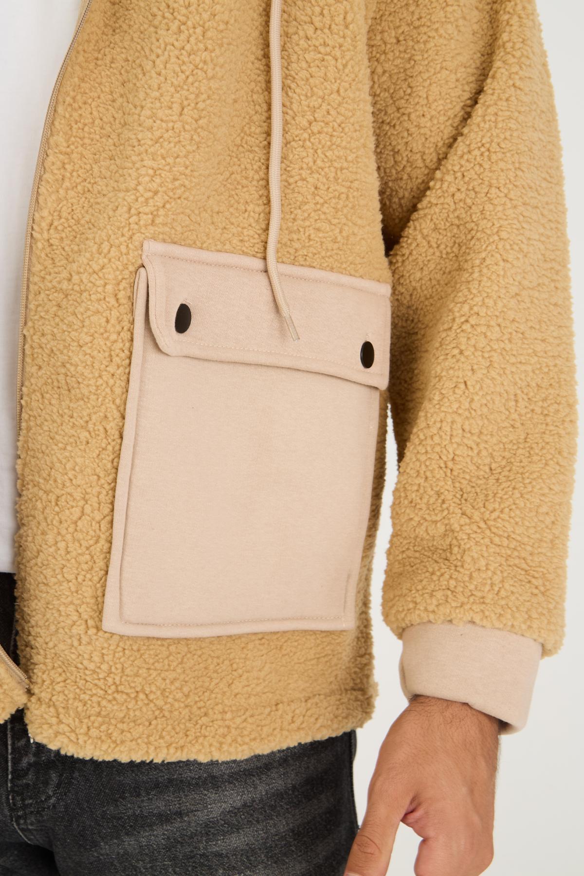 Erkek Fermuarlı Oversize Cepli Kapşonlu Sarı Peluş Ceket 4