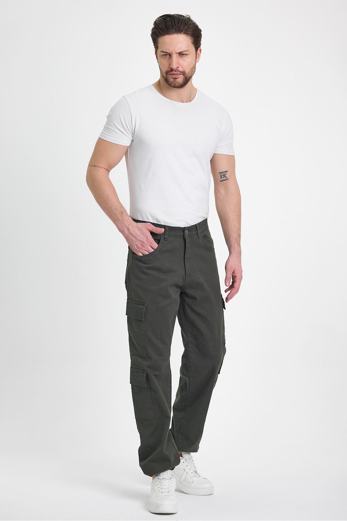 Erkek Bol Paça Oversize Baggy Haki Kargo Cepli Pantolon 3
