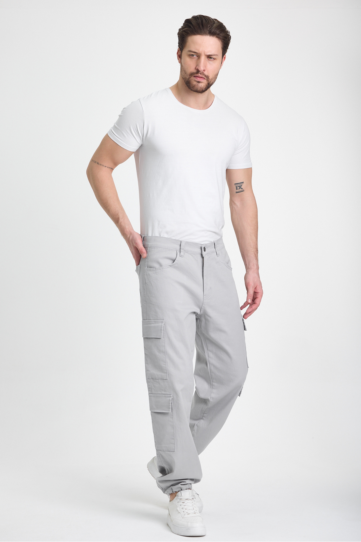 Erkek Bol Paça Oversize Baggy Gri Kargo Cepli Pantolon 3