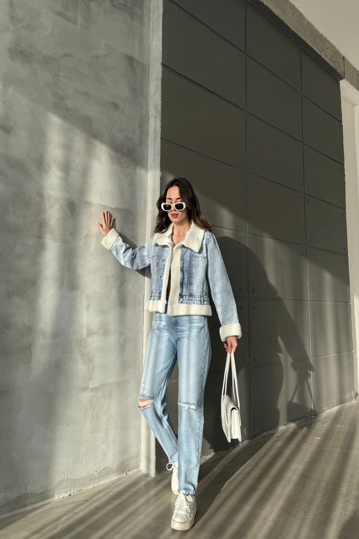 Kadın Oversize Kışlık Peluş Desenli Cepli Mavi Kot Ceket 4