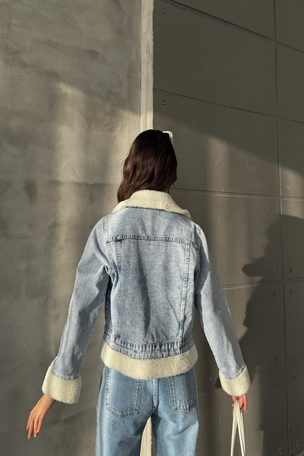 Kadın Oversize Kışlık Peluş Desenli Cepli Mavi Kot Ceket 5