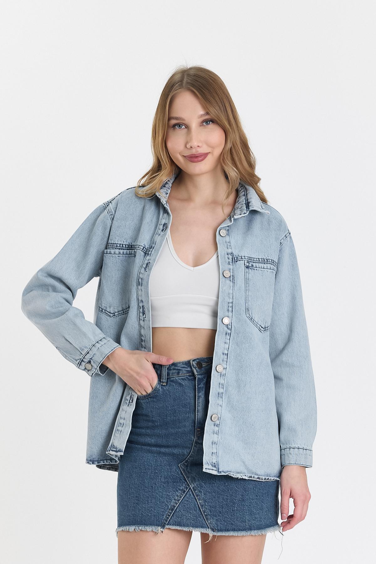 Kadın Jeans Bol Mevsimlik Uzun B. Mavi Kot Ceket 3