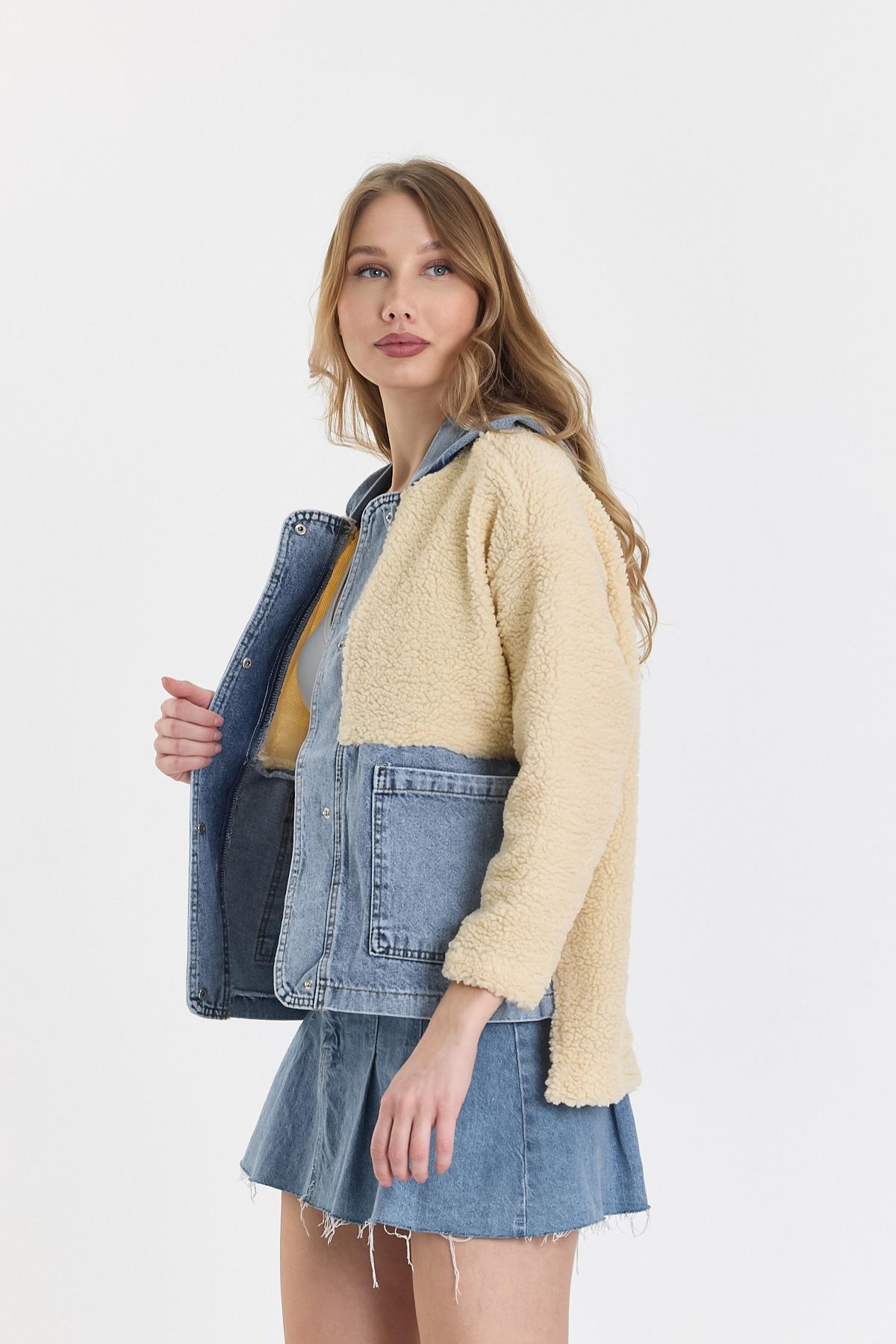 Kadın Jeans Peluş Uzun Kapşonlu Mavi Kot Ceket 3