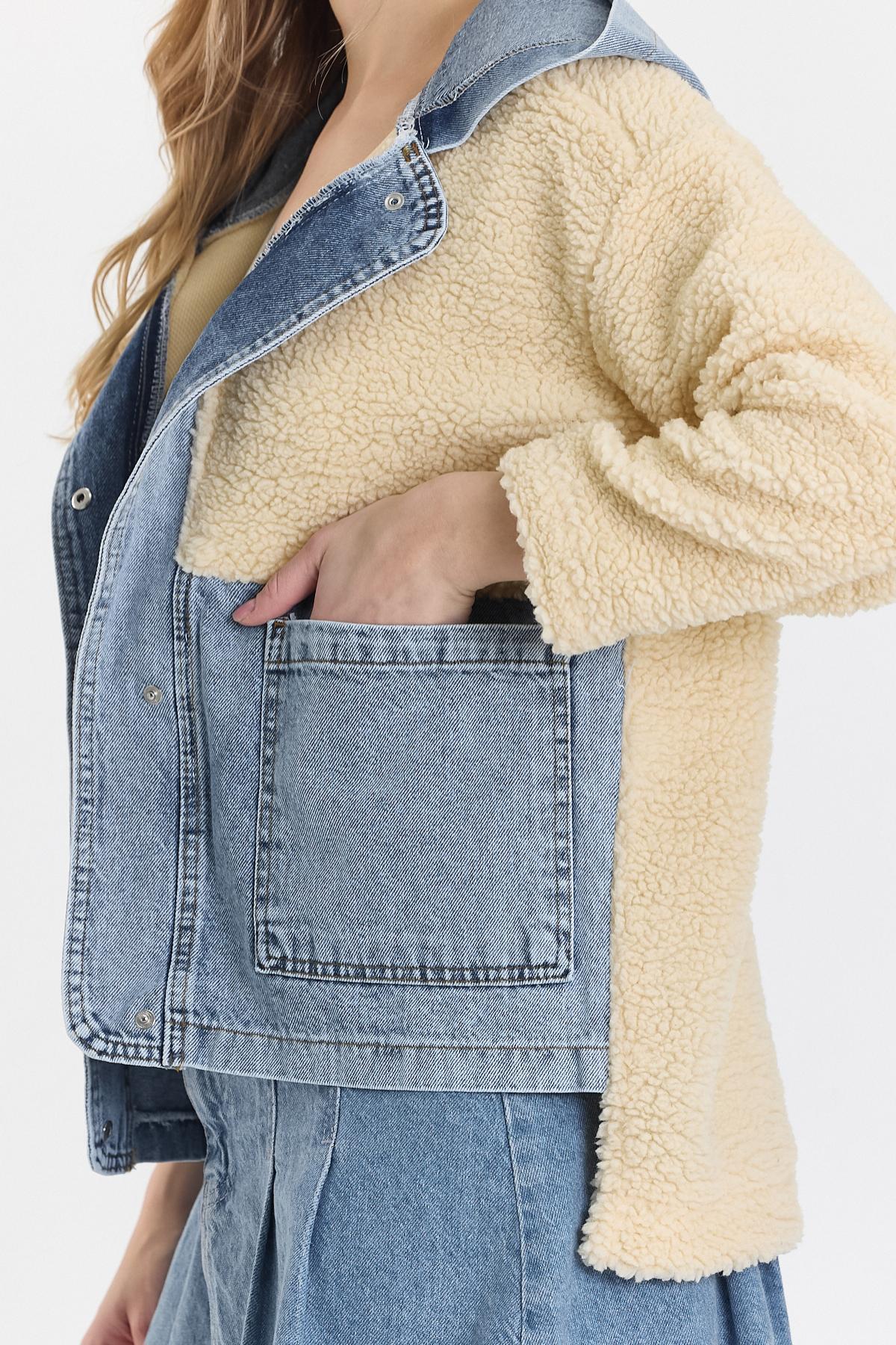 Kadın Jeans Peluş Uzun Kapşonlu Mavi Kot Ceket 4