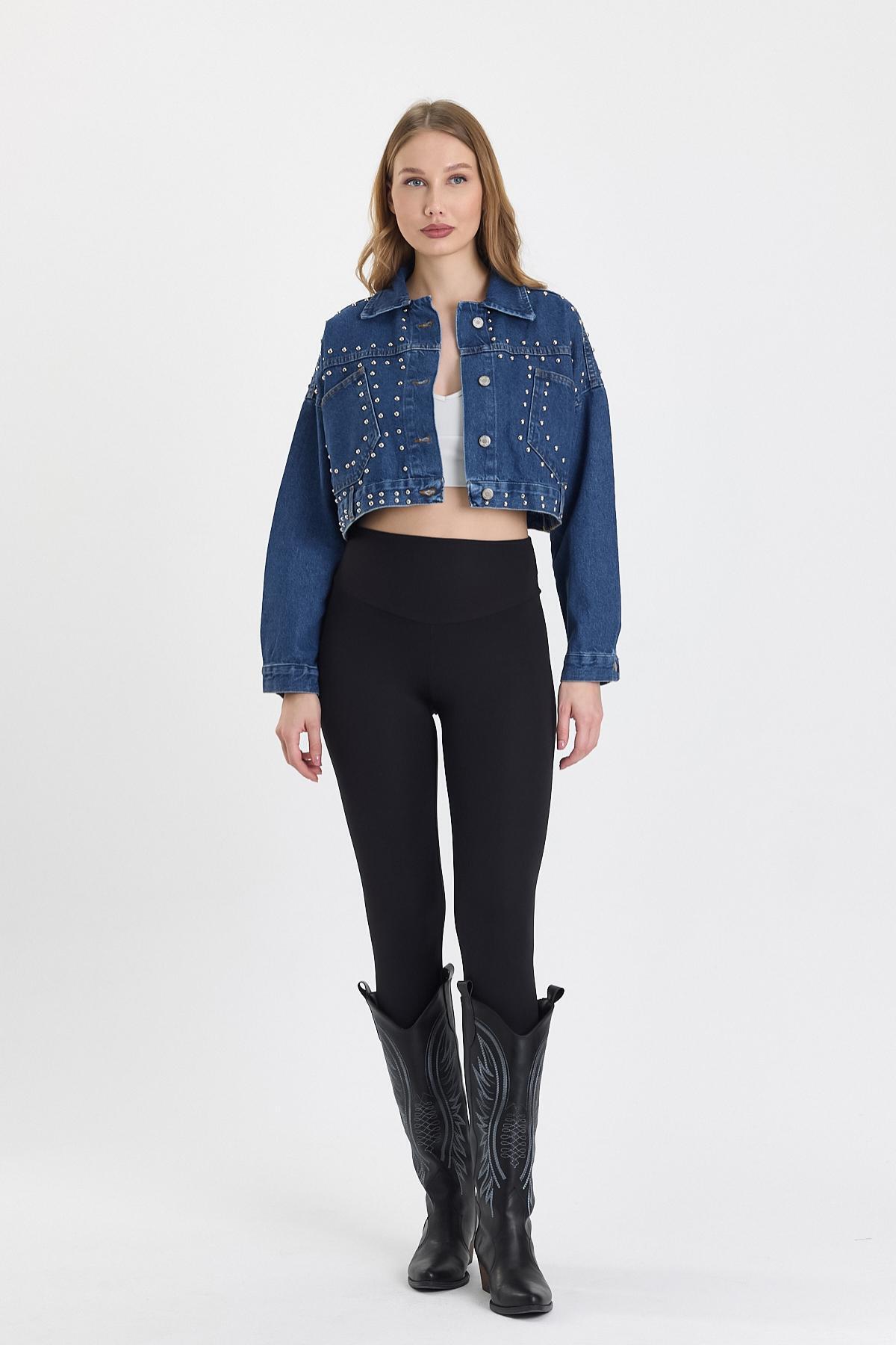 Kadın Jeans Taşlı Kısa Basic Crop Mavi Kot Ceket 3