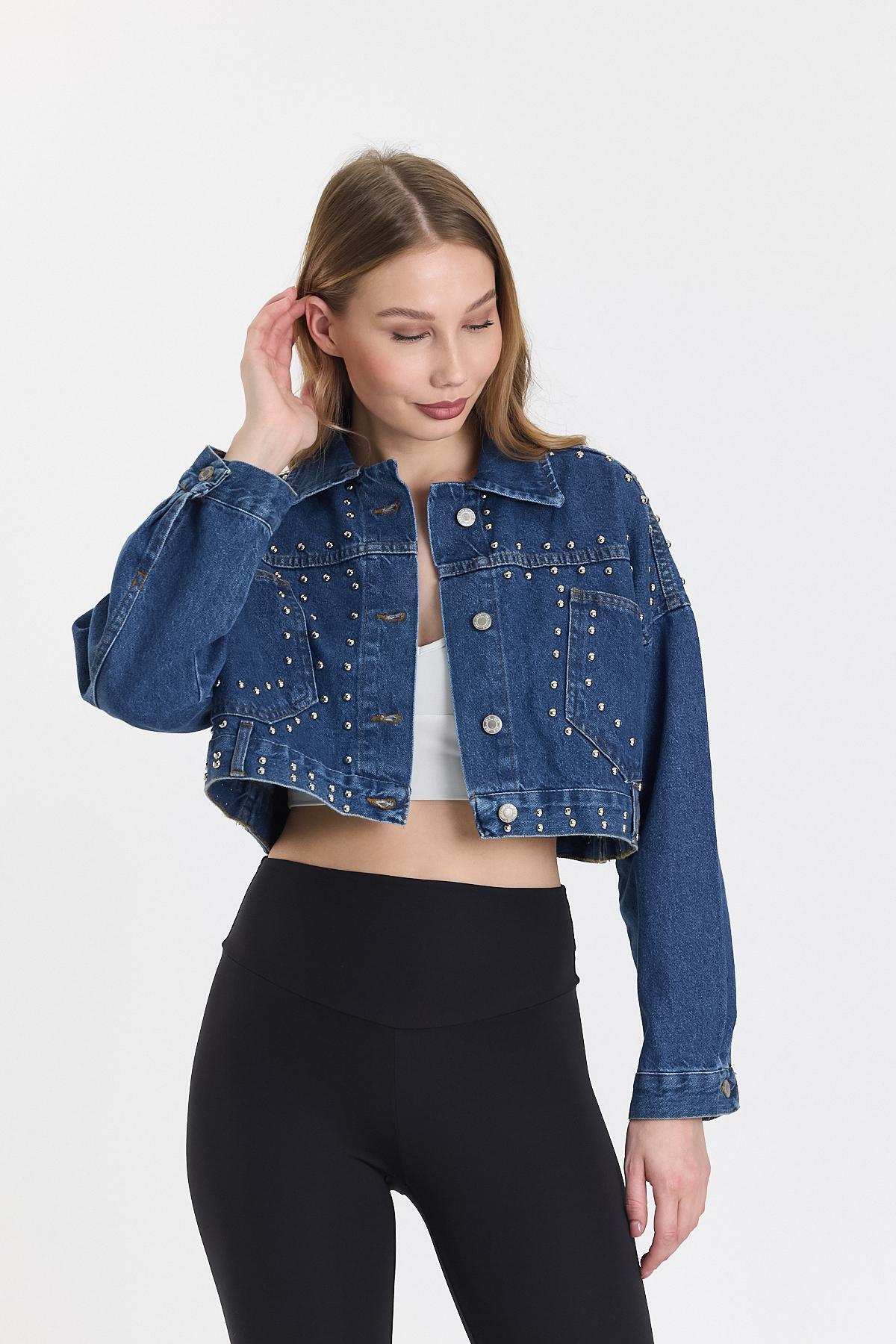 Kadın Jeans Taşlı Kısa Basic Crop Mavi Kot Ceket 4