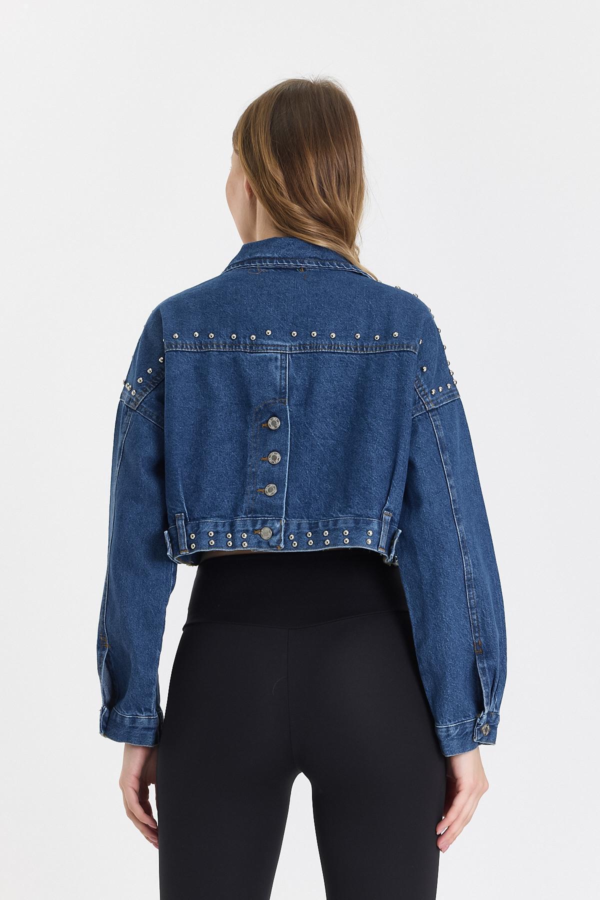 Kadın Jeans Taşlı Kısa Basic Crop Mavi Kot Ceket 5