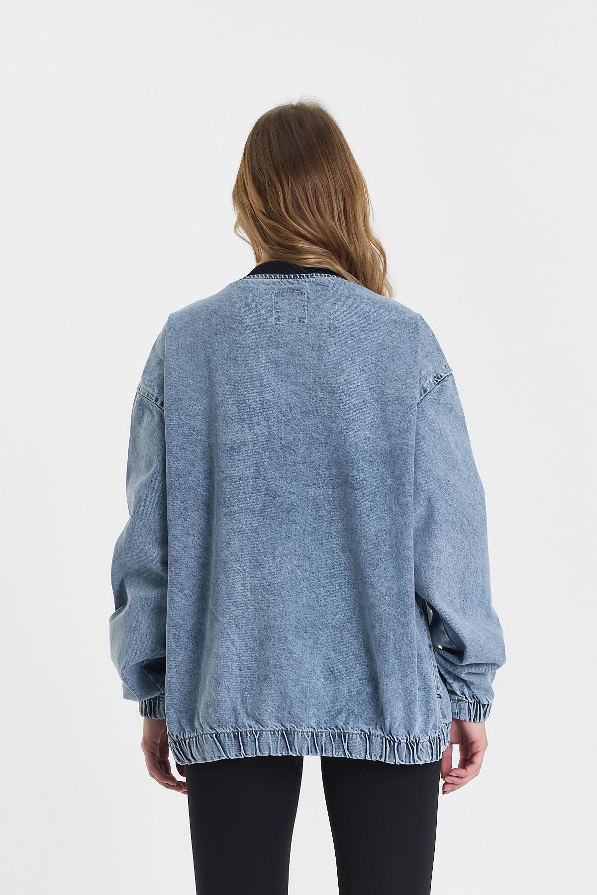 Kadın Jeans Fermuarlı Buz Mavi Kot Kolej Ceket 5