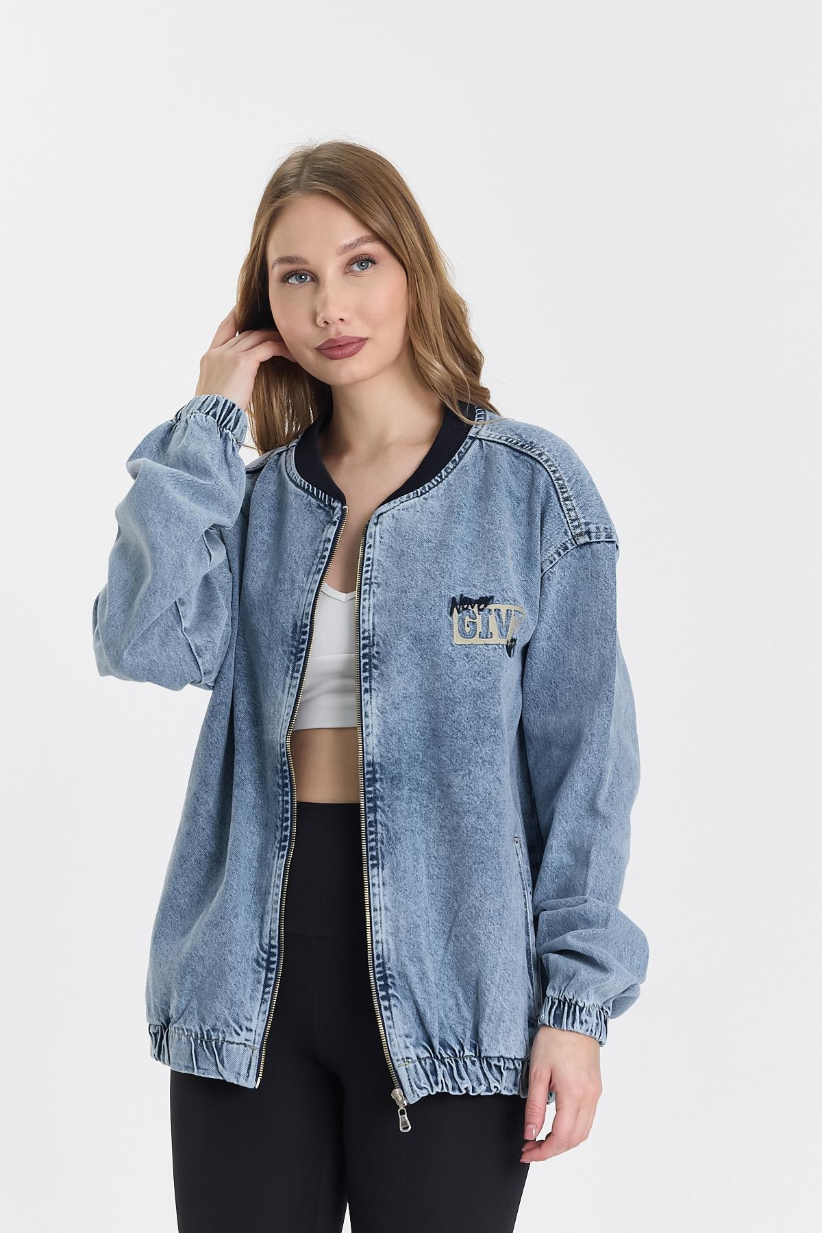 Kadın Jeans Fermuarlı Buz Mavi Kot Kolej Ceket 3