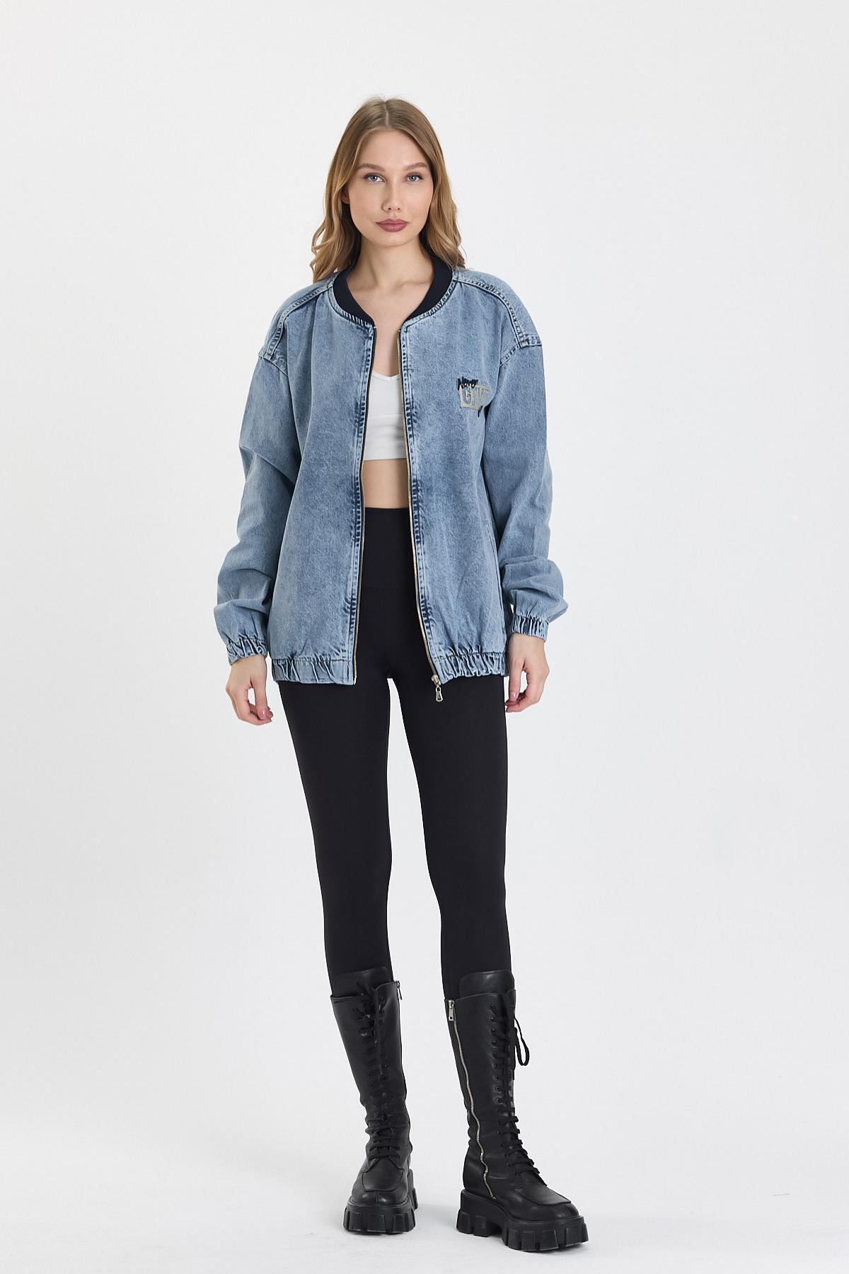Kadın Jeans Fermuarlı Buz Mavi Kot Kolej Ceket 4
