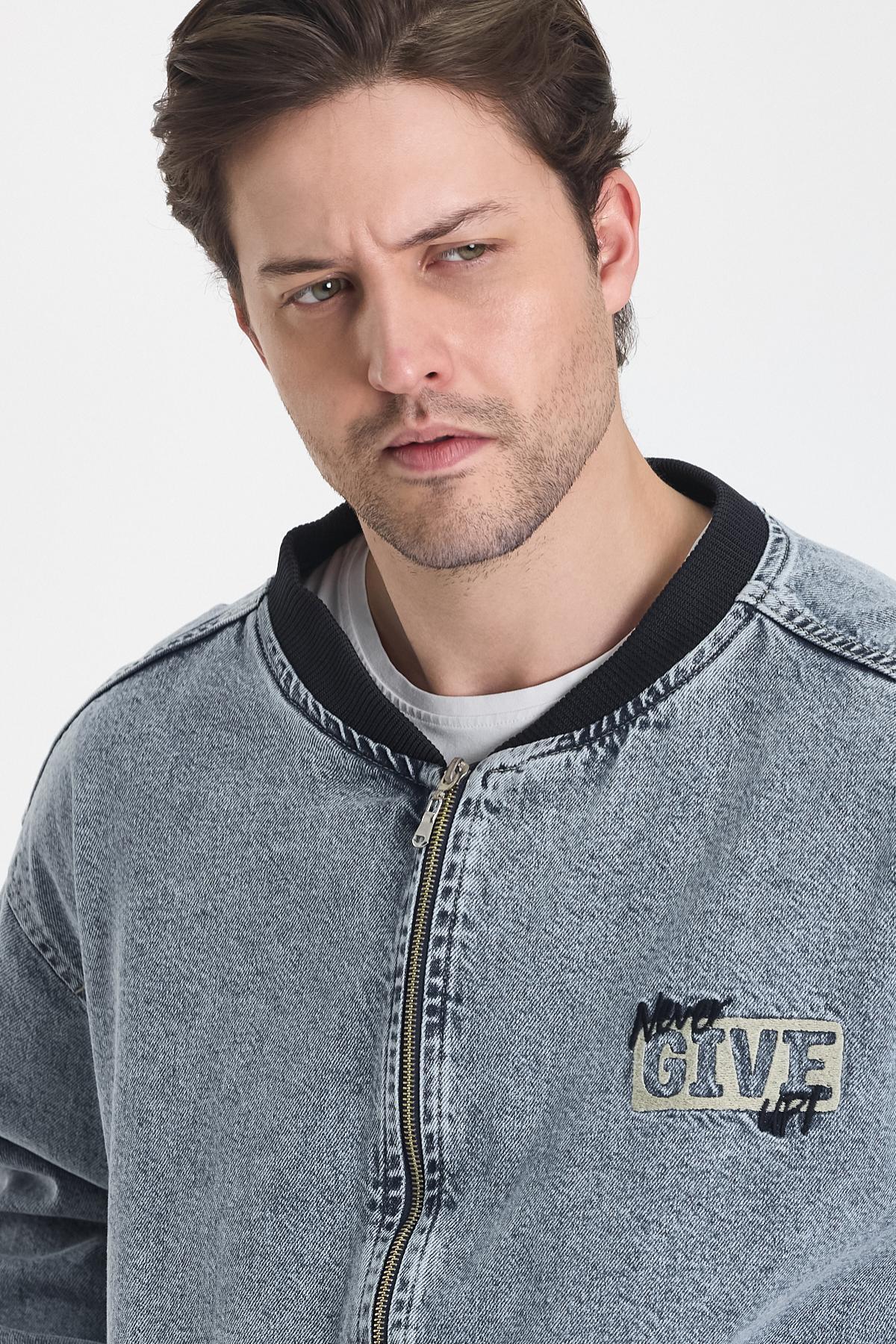 Erkek Jeans Oversize Buz Mavi Kot Kolej Ceket 4