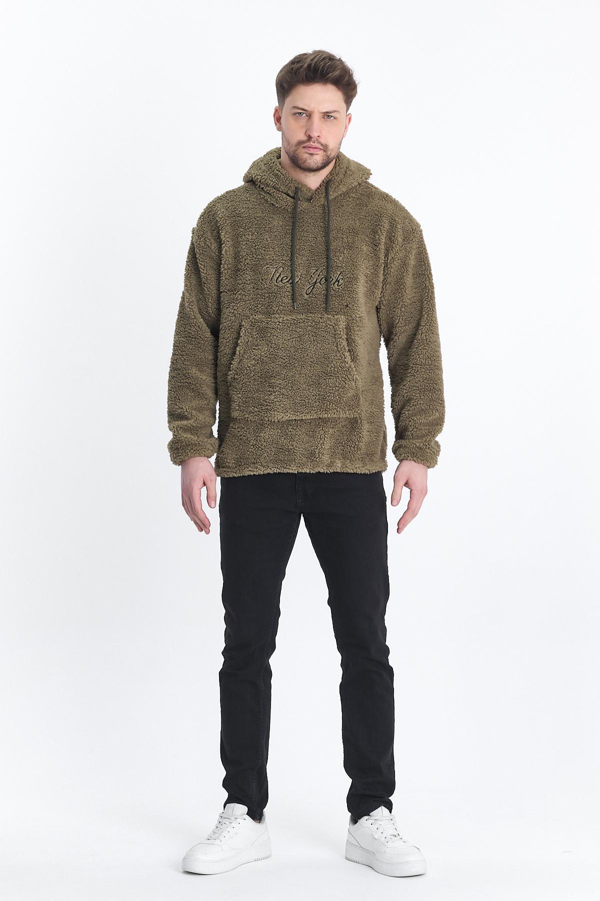 Erkek Kanguru Cepli Haki Kapşonlu Sweatshirt 4