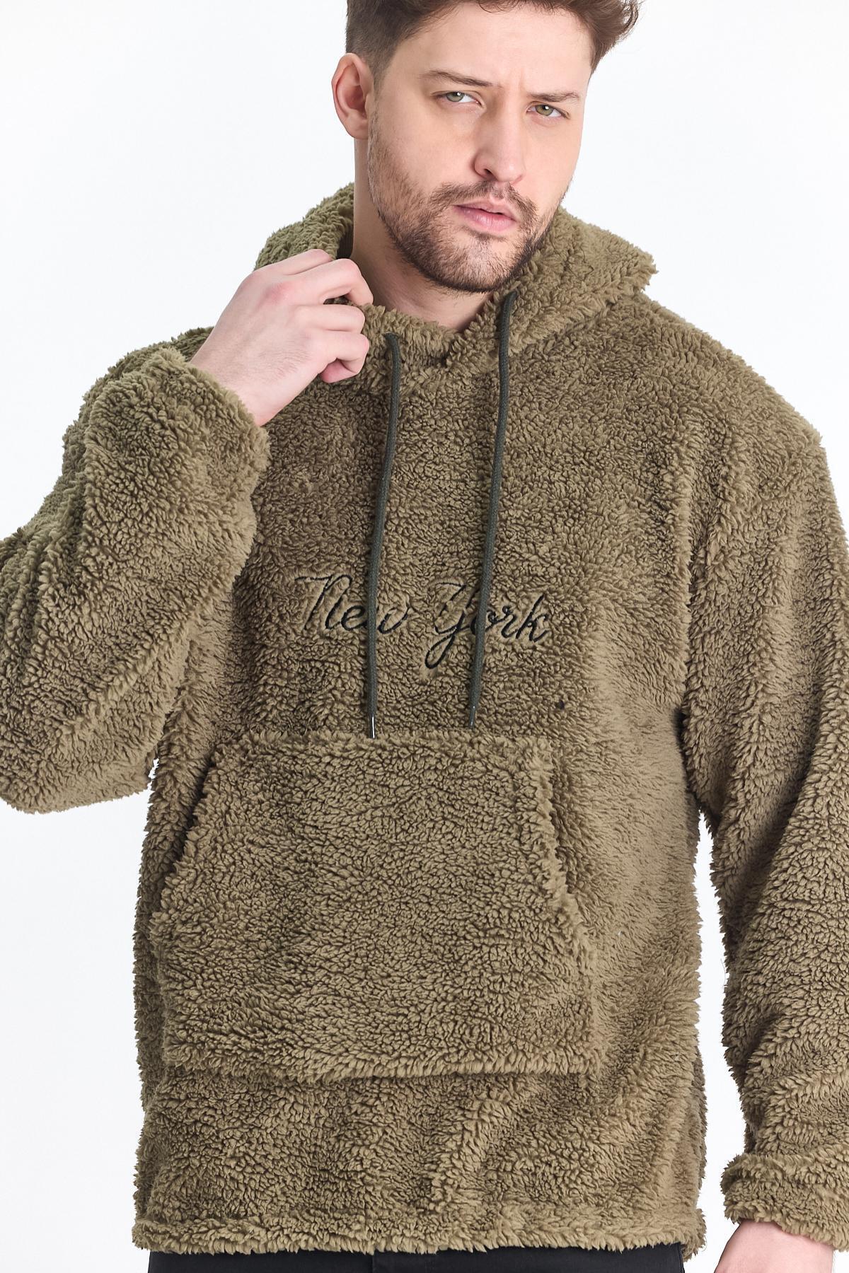 Erkek Kanguru Cepli Haki Kapşonlu Sweatshirt 3