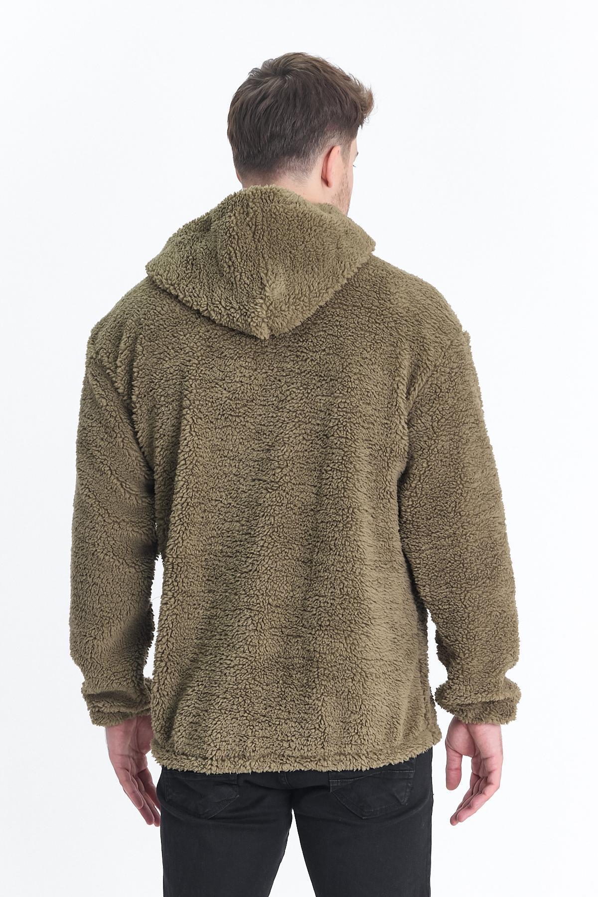 Erkek Kanguru Cepli Haki Kapşonlu Sweatshirt 5
