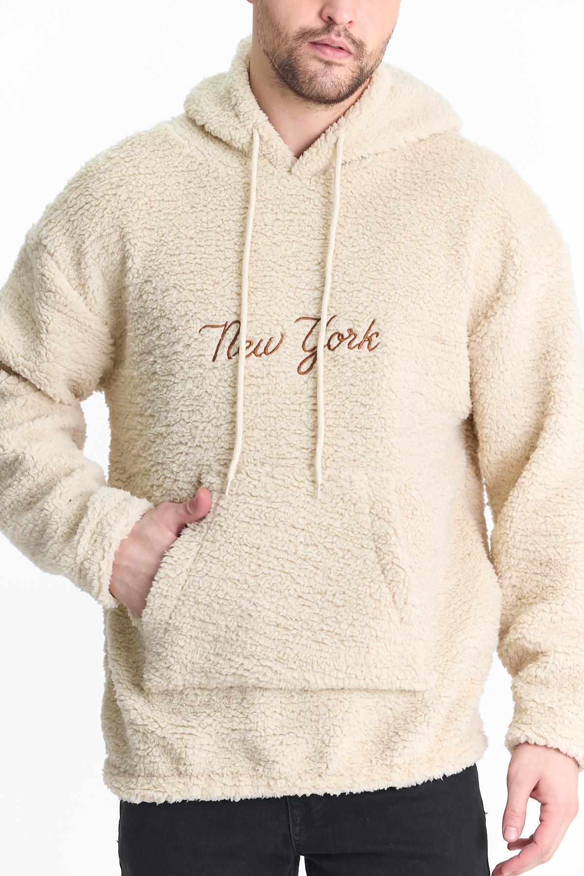 Erkek Kanguru Cepli Krem Kapşonlu Sweatshirt 3