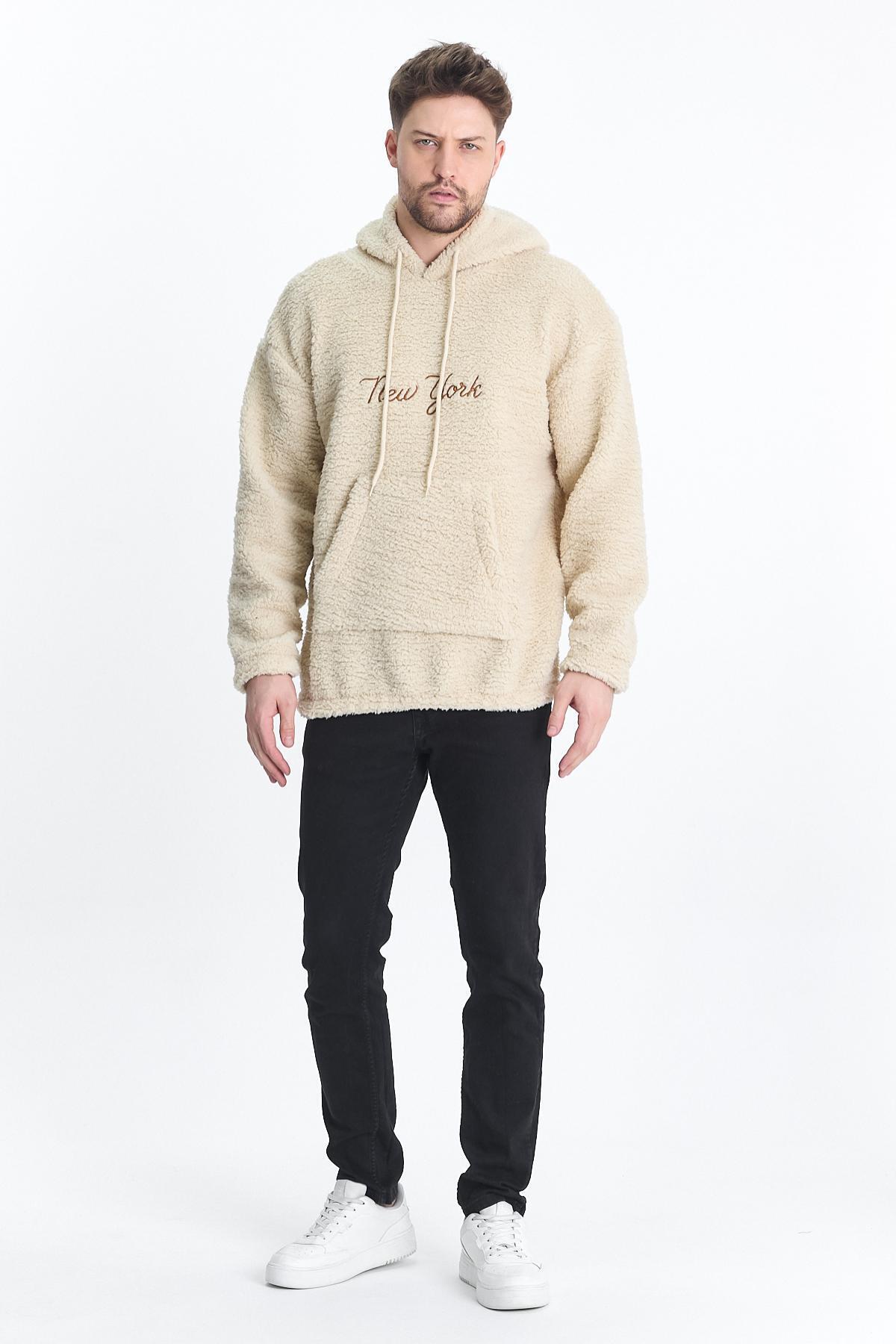 Erkek Kanguru Cepli Krem Kapşonlu Sweatshirt 4