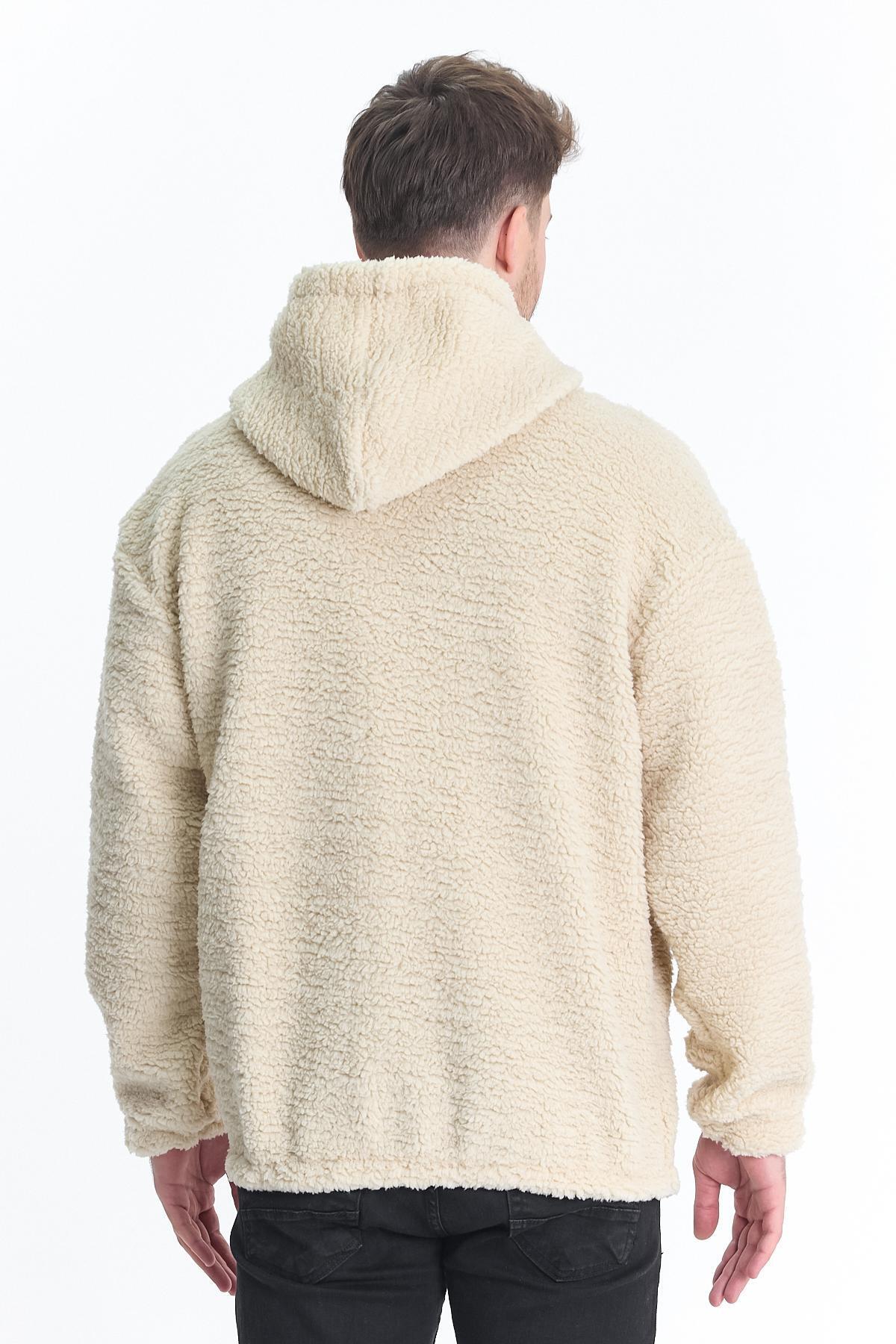 Erkek Kanguru Cepli Krem Kapşonlu Sweatshirt 5