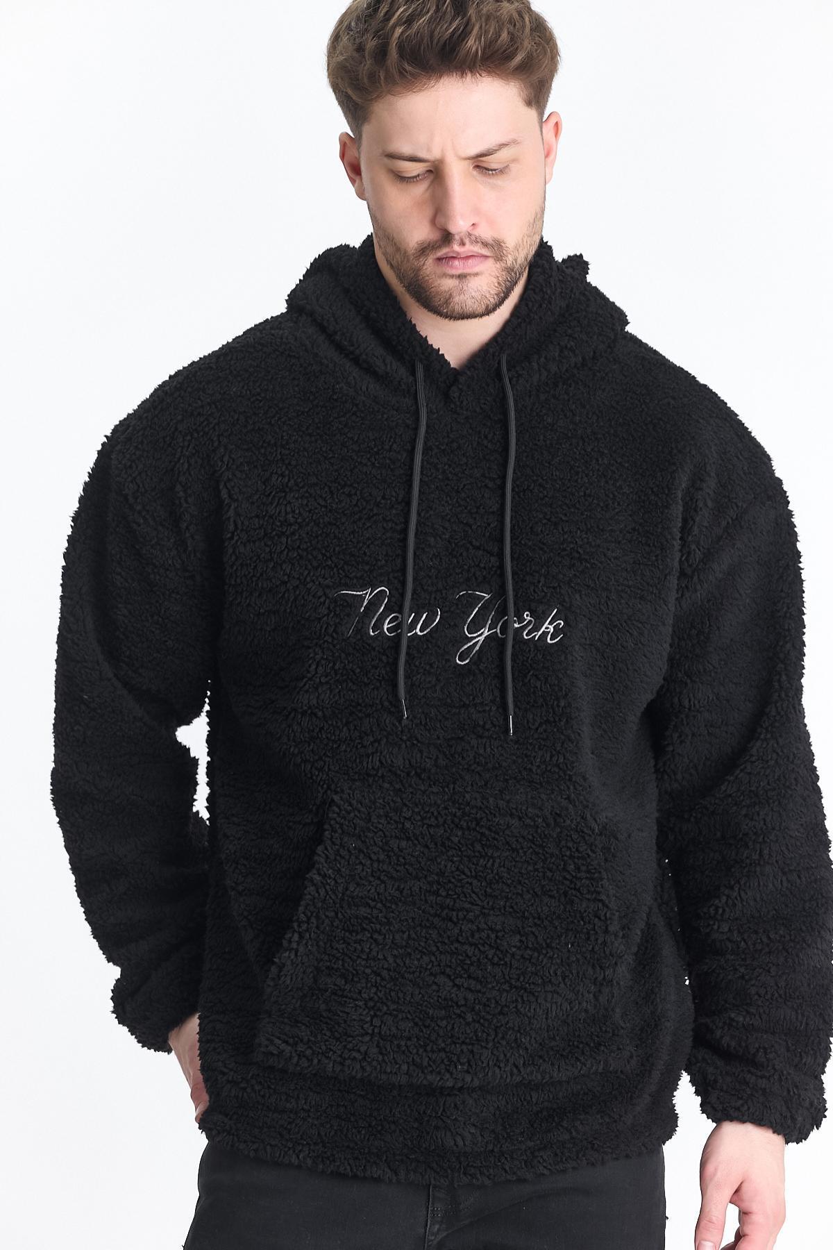 Erkek Kanguru Cepli Siyah Kapşonlu Sweatshirt 3