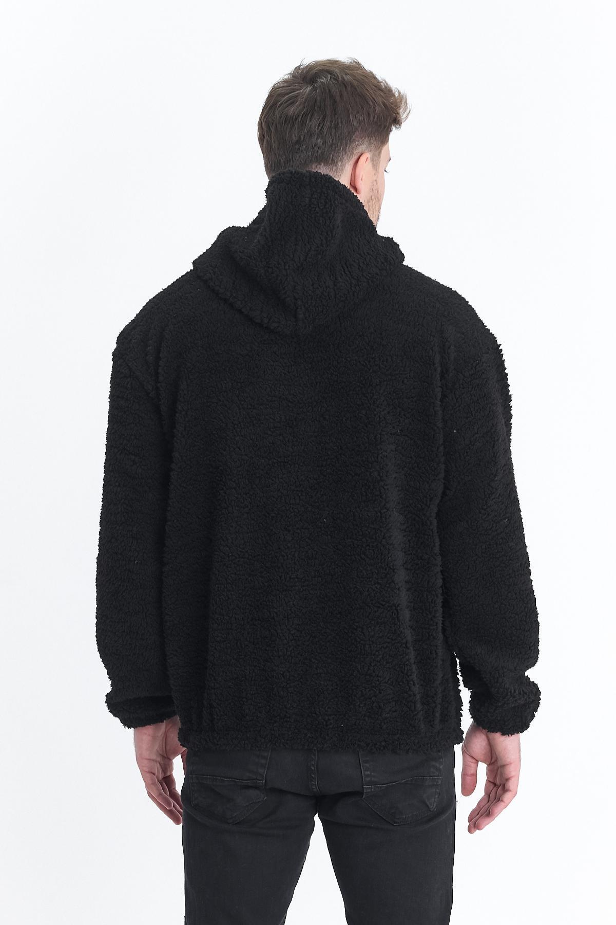 Erkek Kanguru Cepli Siyah Kapşonlu Sweatshirt 5