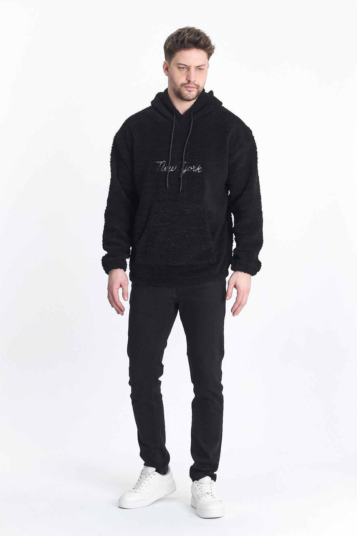 Erkek Kanguru Cepli Siyah Kapşonlu Sweatshirt 4