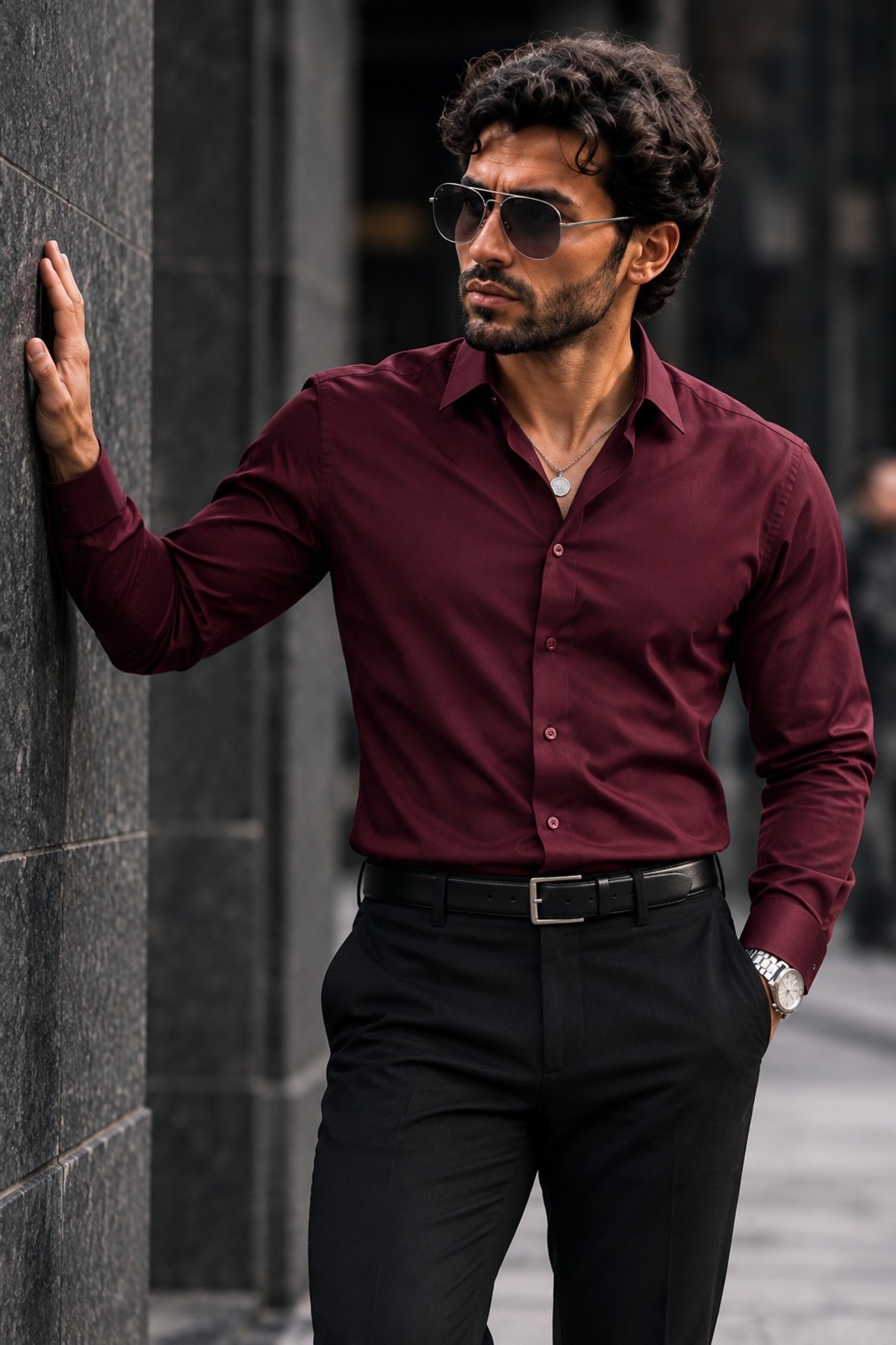Erkek Casual Yakalı Kollu Düğmeli Bordo Gömlek 4