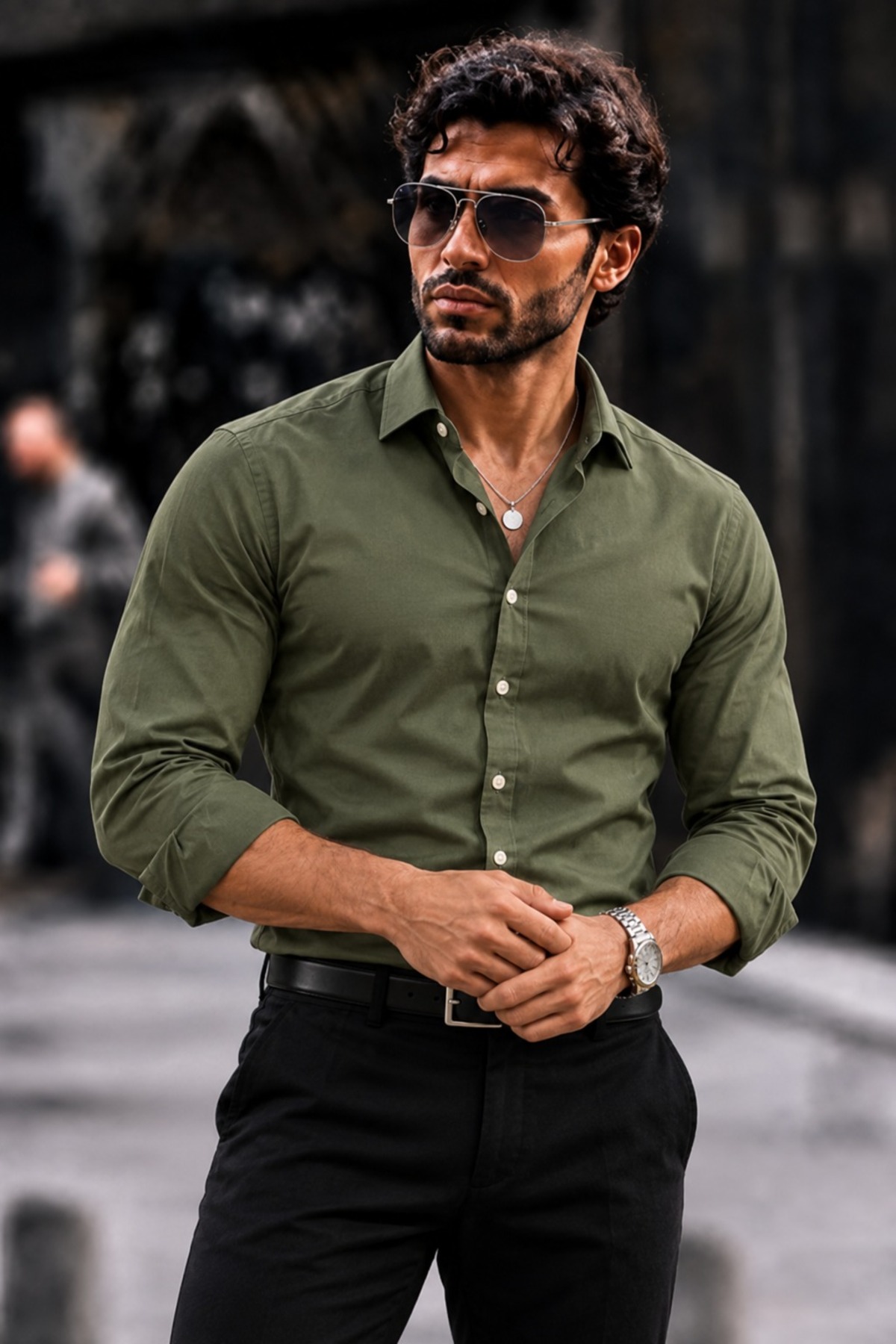 Erkek Casual Yakalı Kollu Düğmeli Haki Gömlek 5