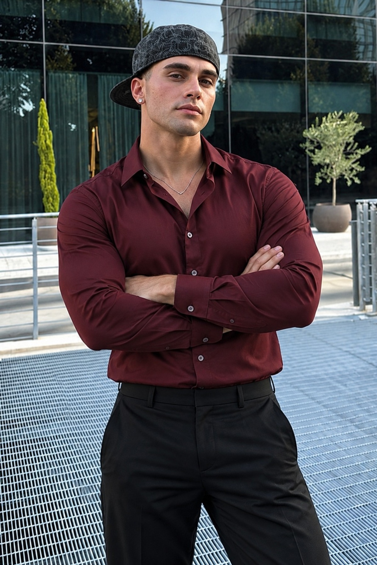 Erkek Slim Fit Uzun Kollu Klasik Bordo Gömlek 5