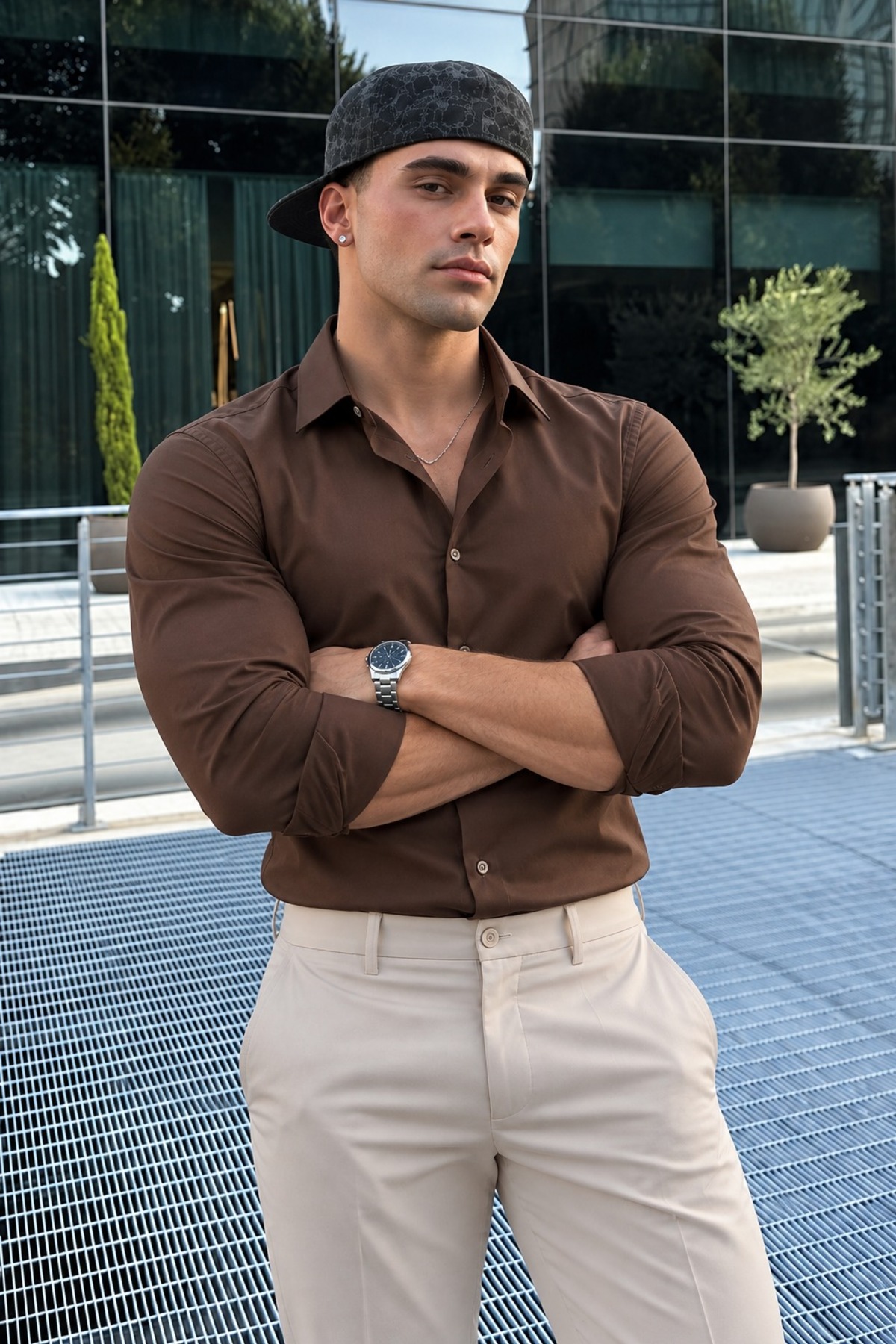 Erkek Slim Fit Uzun Kollu Klasik Kahve Gömlek 5